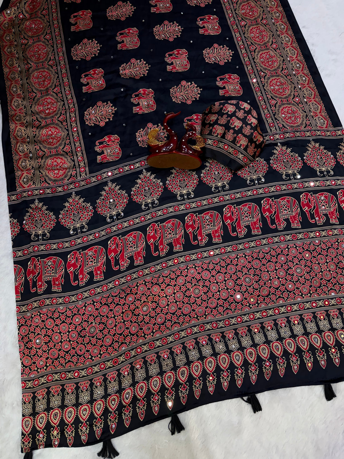 Black Modal Silk Saree with Elephant Motif Ajrakh Print & Heritage Designer Pallu | Traditional Festive Wear Saree
