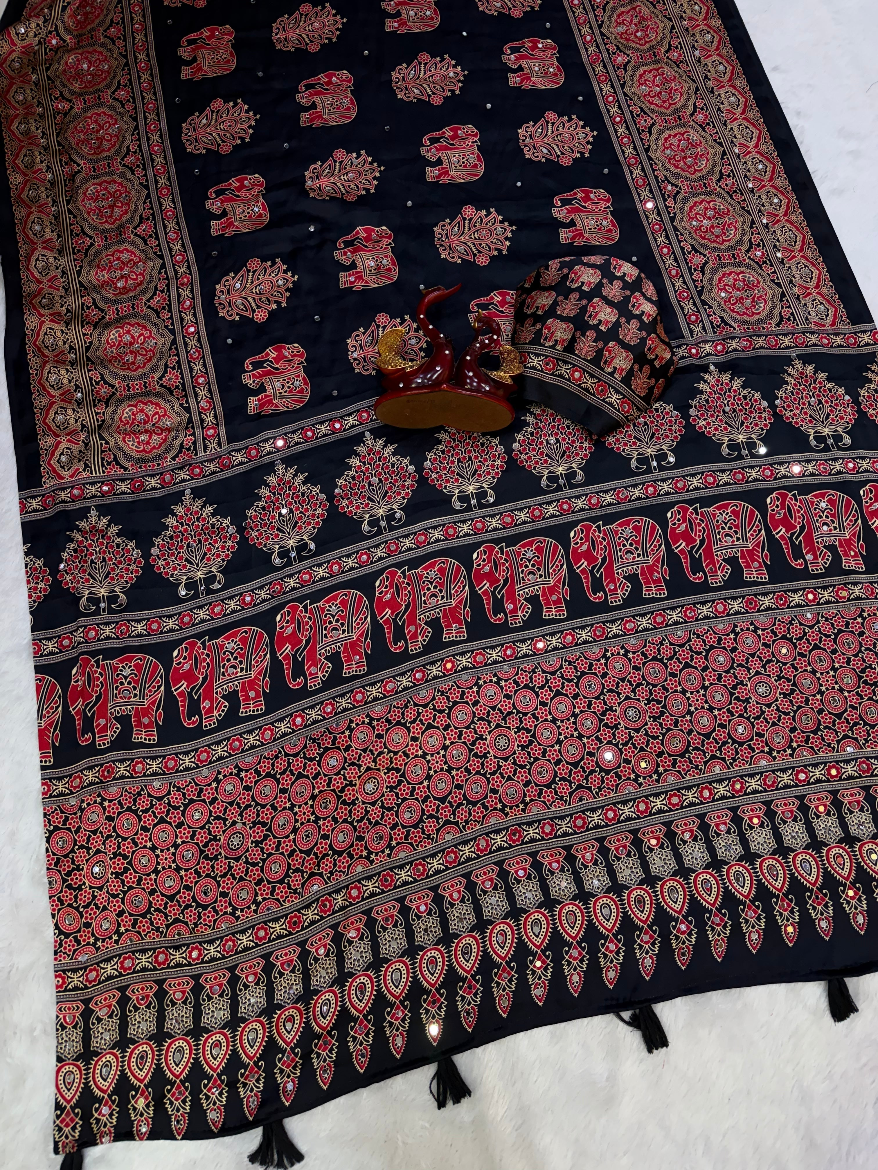 Black Modal Silk Saree with Elephant Motif Ajrakh Print & Heritage Designer Pallu | Traditional Festive Wear Saree