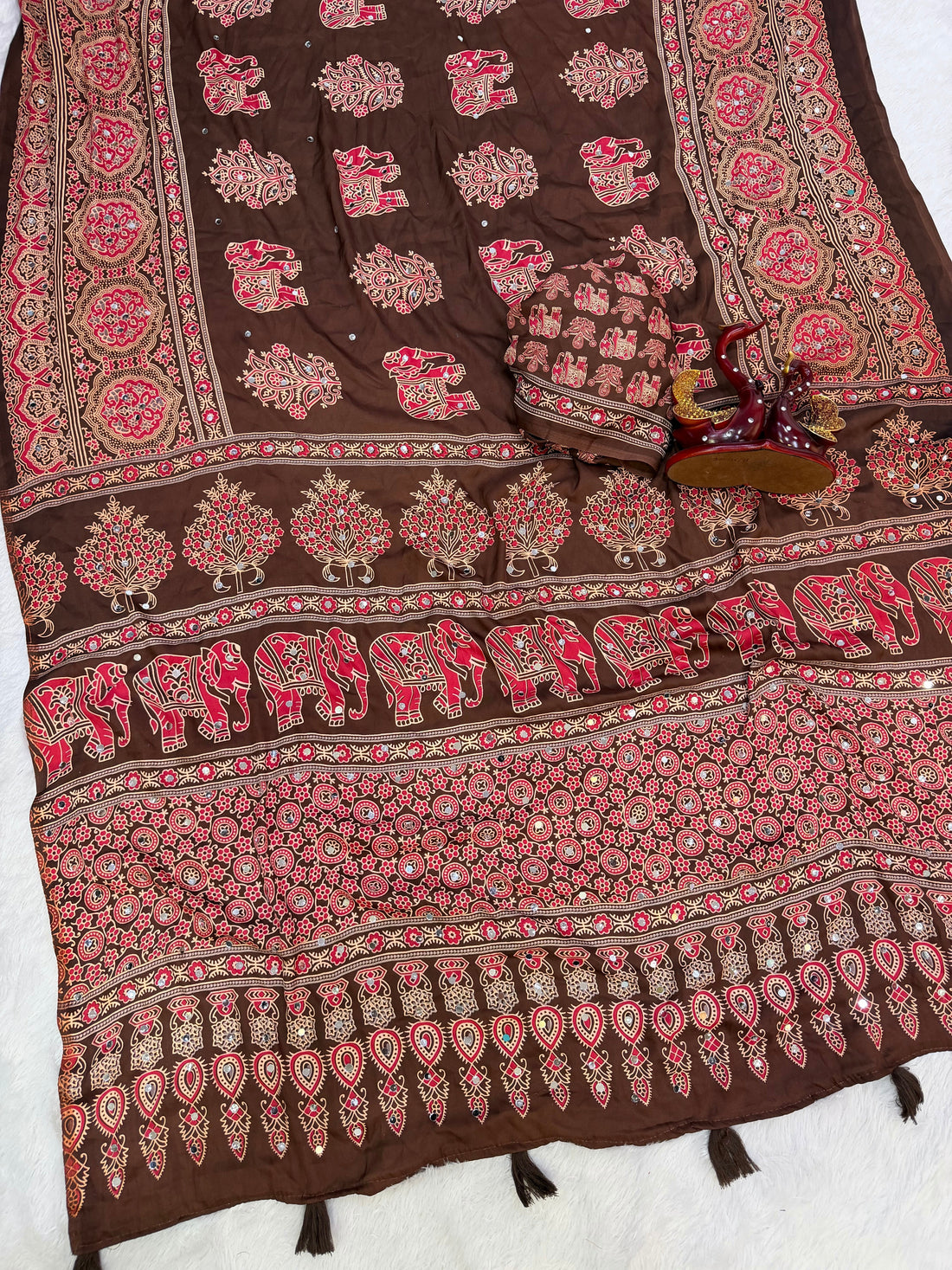 Chocolate Brown Modal Silk Saree with Elephant Motif Heritage Print & Designer Pallu | Traditional Festive Wear Saree