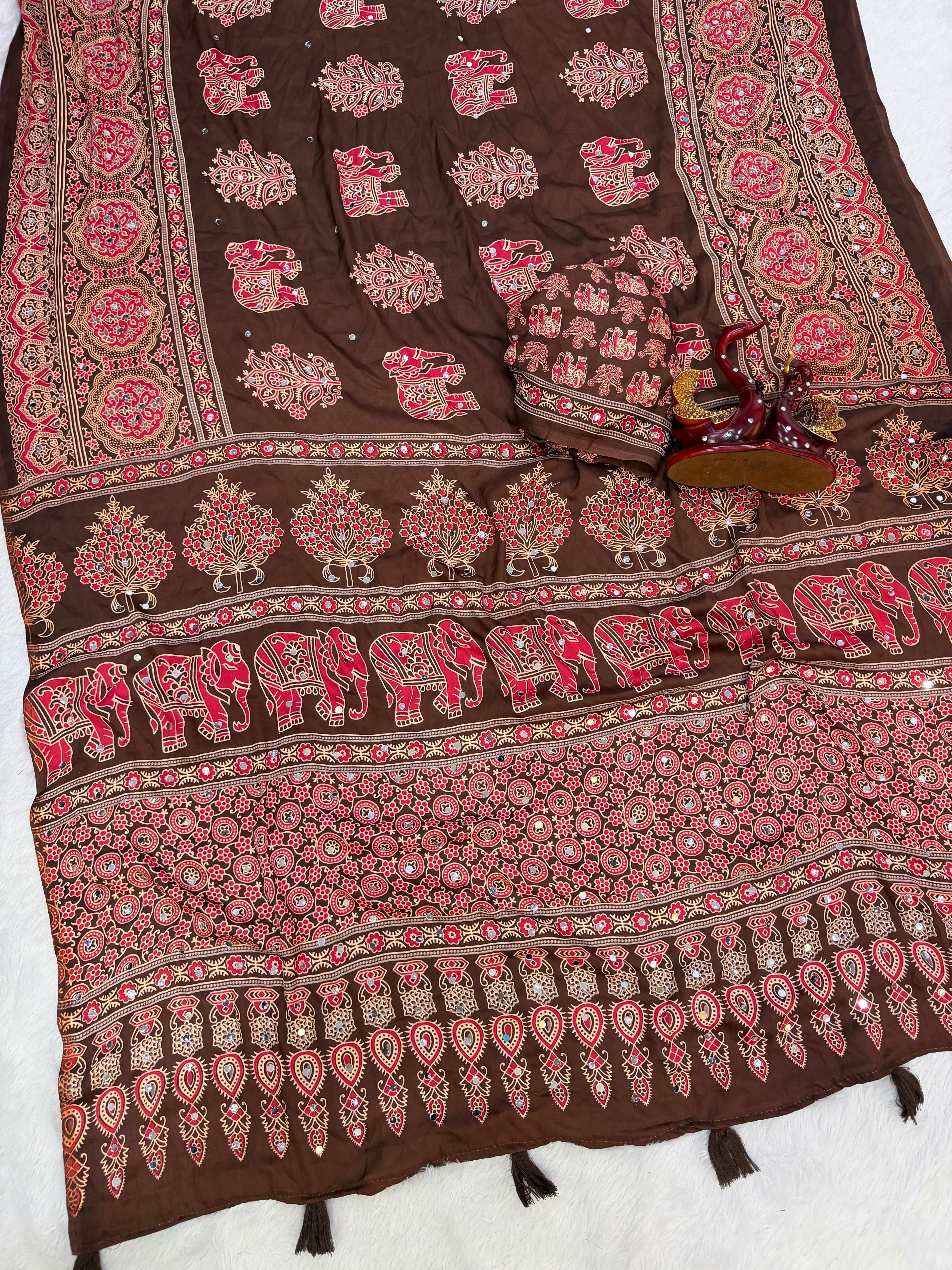 Chocolate Brown Modal Silk Saree with Elephant Motif Heritage Print & Designer Pallu | Traditional Festive Wear Saree