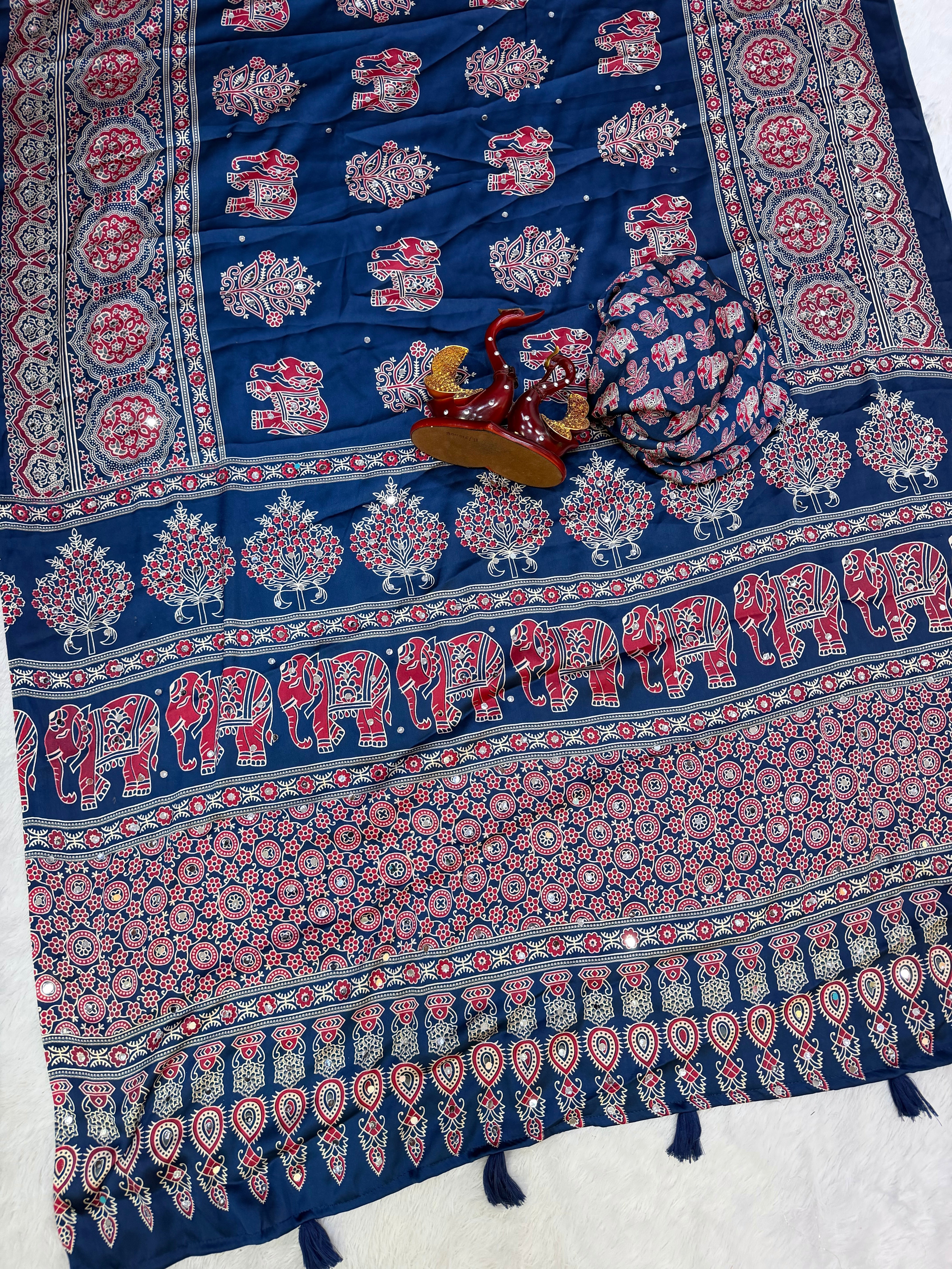 Royal Blue Modal Silk Saree with Elephant Motif Heritage Print & Designer Pallu | Traditional Festive Wear Saree