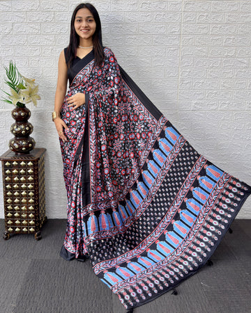 Black Modal Silk Saree with Geometric Floral Print & Heritage Designer Pallu | Festive & Party Wear Saree