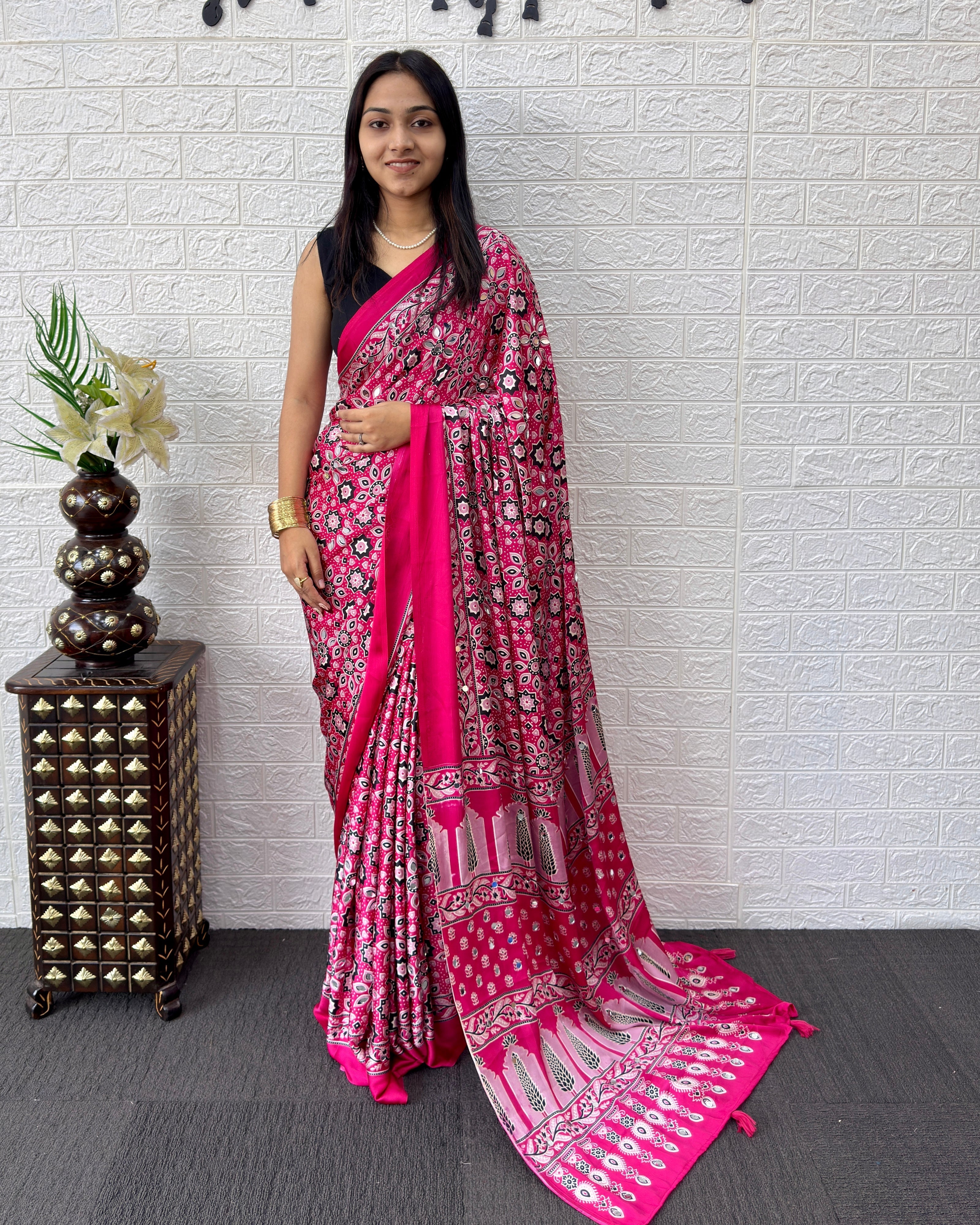 Rani Pink Modal Silk Saree with Geometric Floral Print & Heritage Designer Pallu | Festive & Party Wear Saree