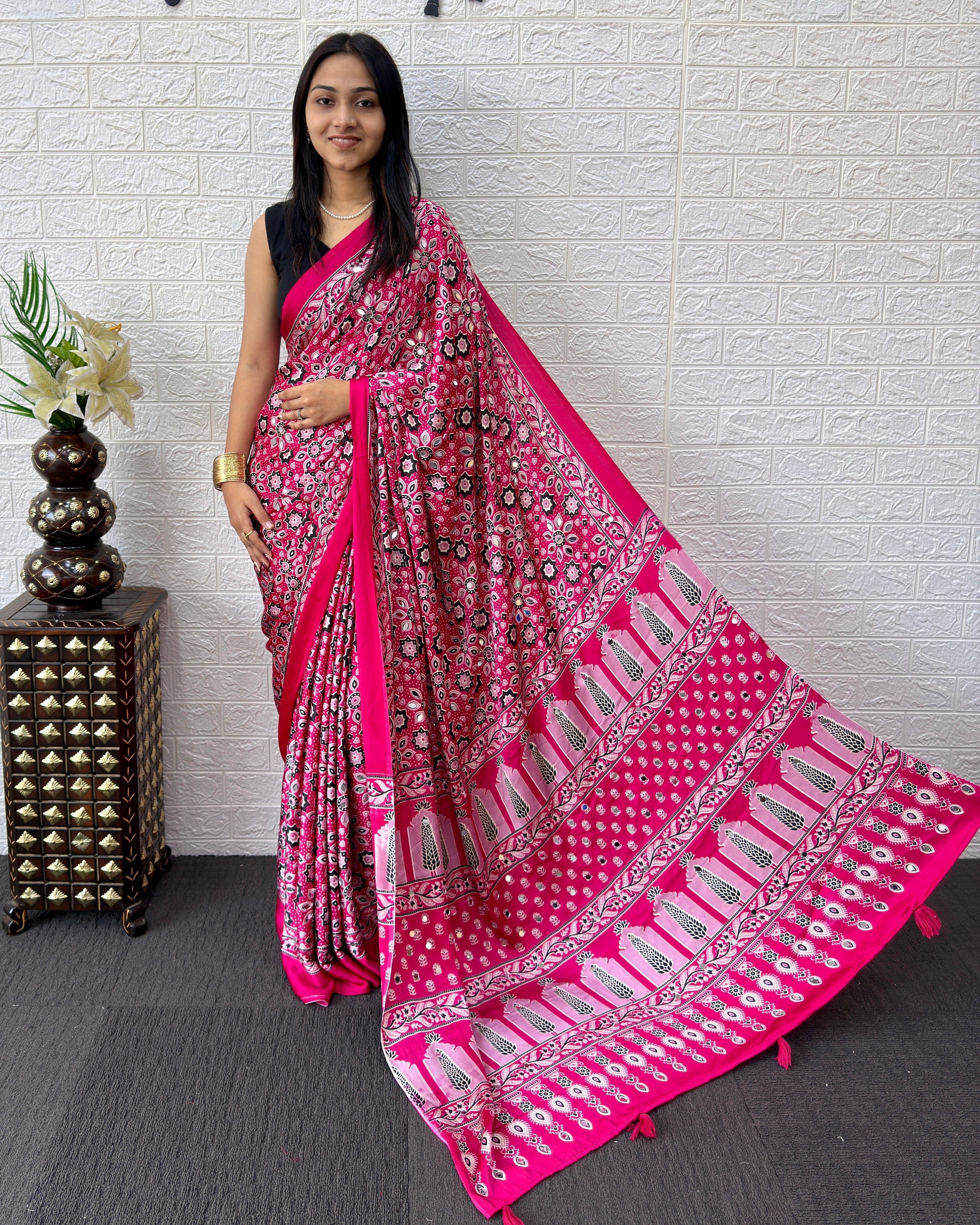 Rani Pink Modal Silk Saree with Geometric Floral Print & Heritage Designer Pallu | Festive & Party Wear Saree