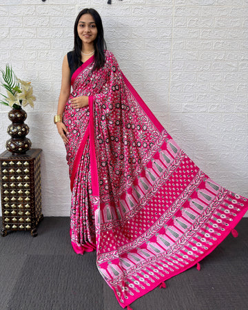 Rani Pink Modal Silk Saree with Geometric Floral Print & Heritage Designer Pallu | Festive & Party Wear Saree