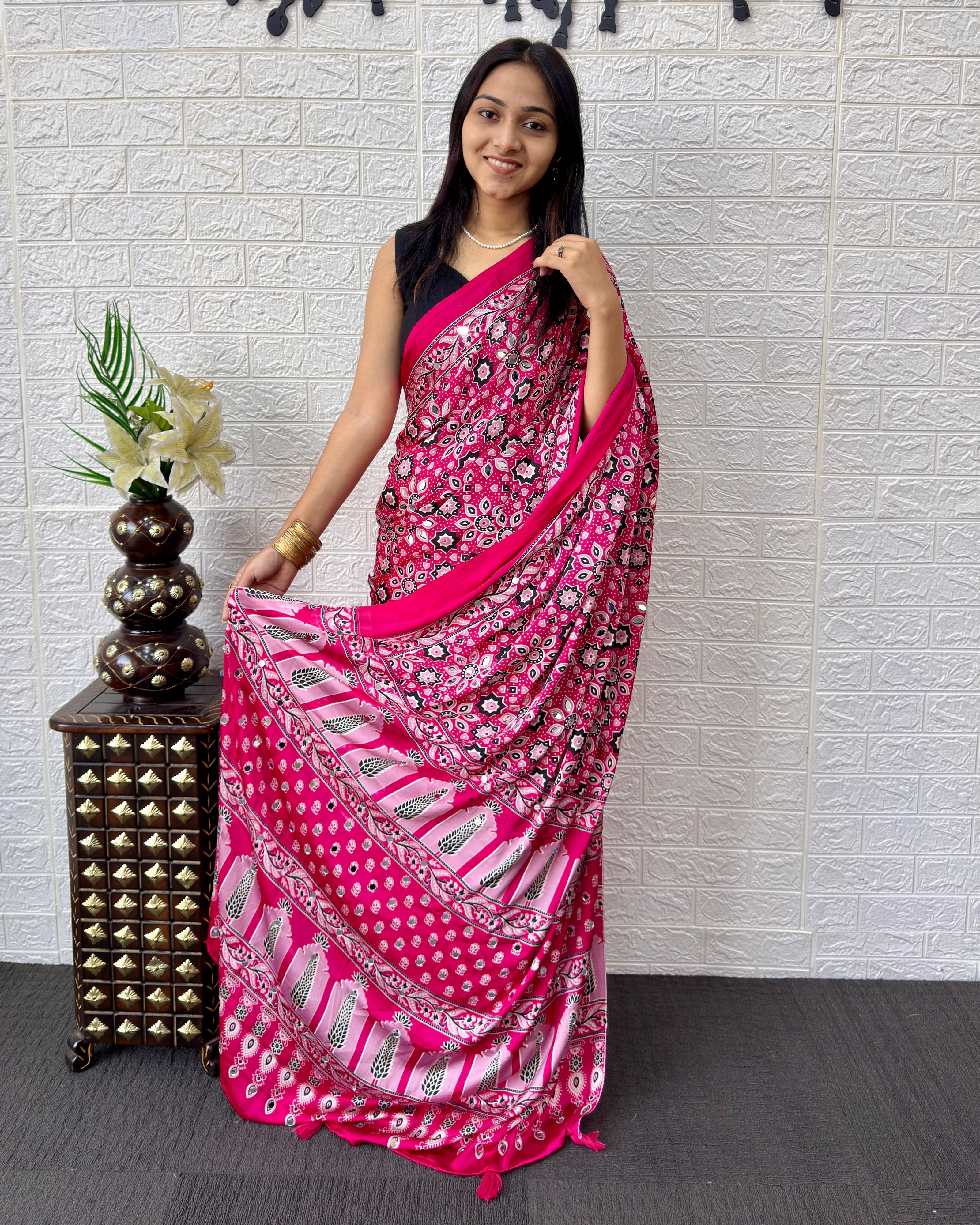 Rani Pink Modal Silk Saree with Geometric Floral Print & Heritage Designer Pallu | Festive & Party Wear Saree