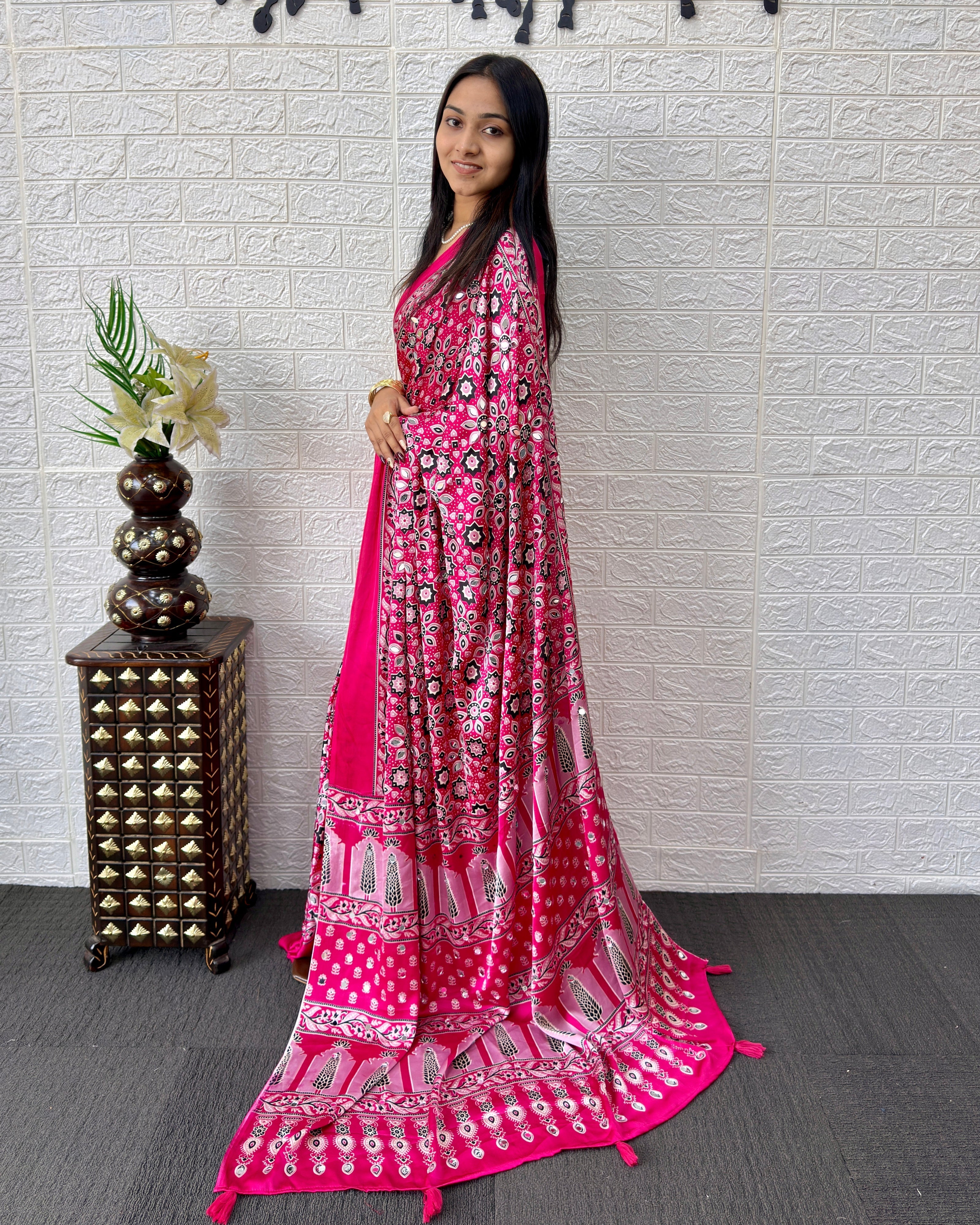 Rani Pink Modal Silk Saree with Geometric Floral Print & Heritage Designer Pallu | Festive & Party Wear Saree
