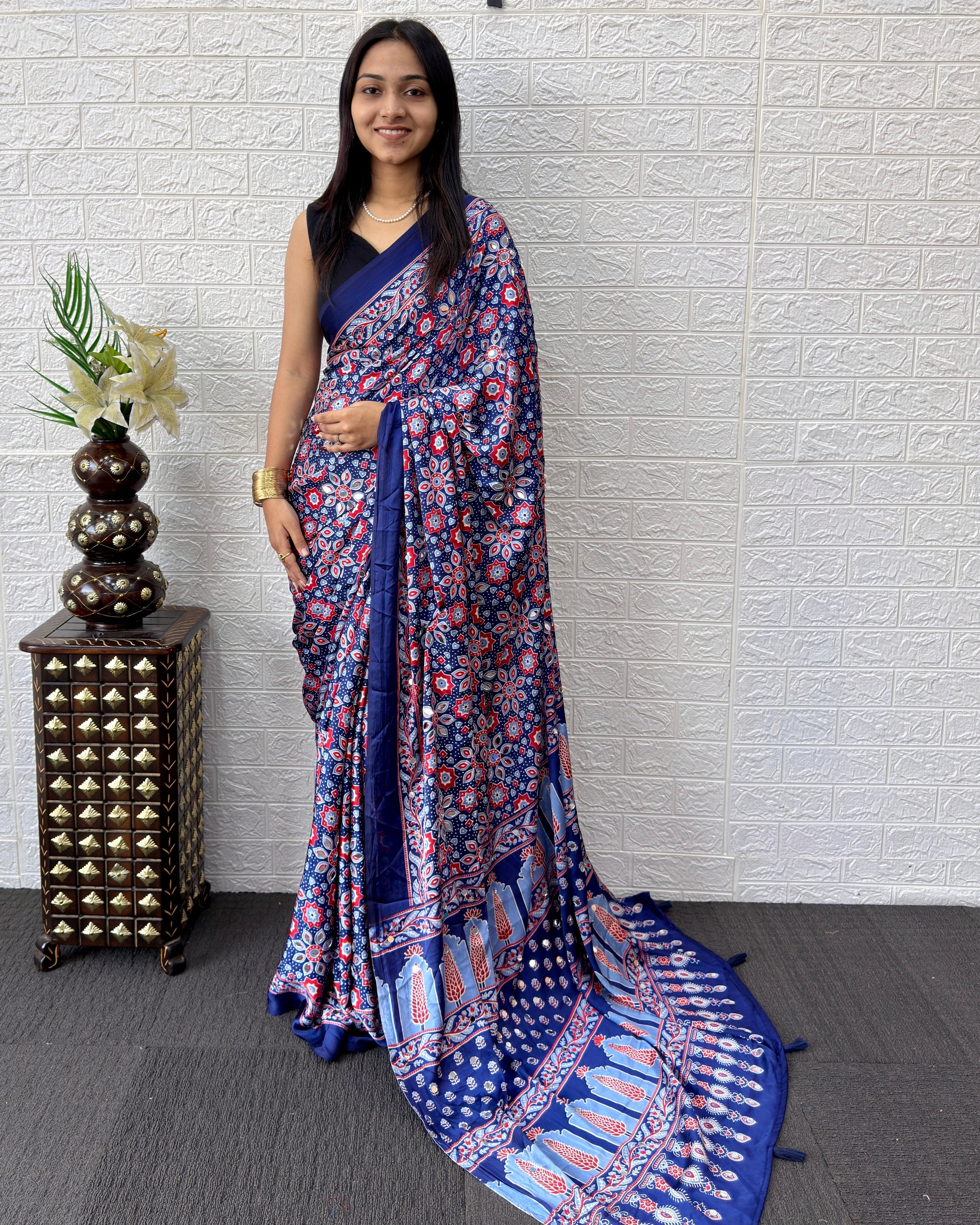 Royal Blue Modal Silk Saree with Geometric Floral Print & Heritage Designer Pallu | Festive & Party Wear Saree