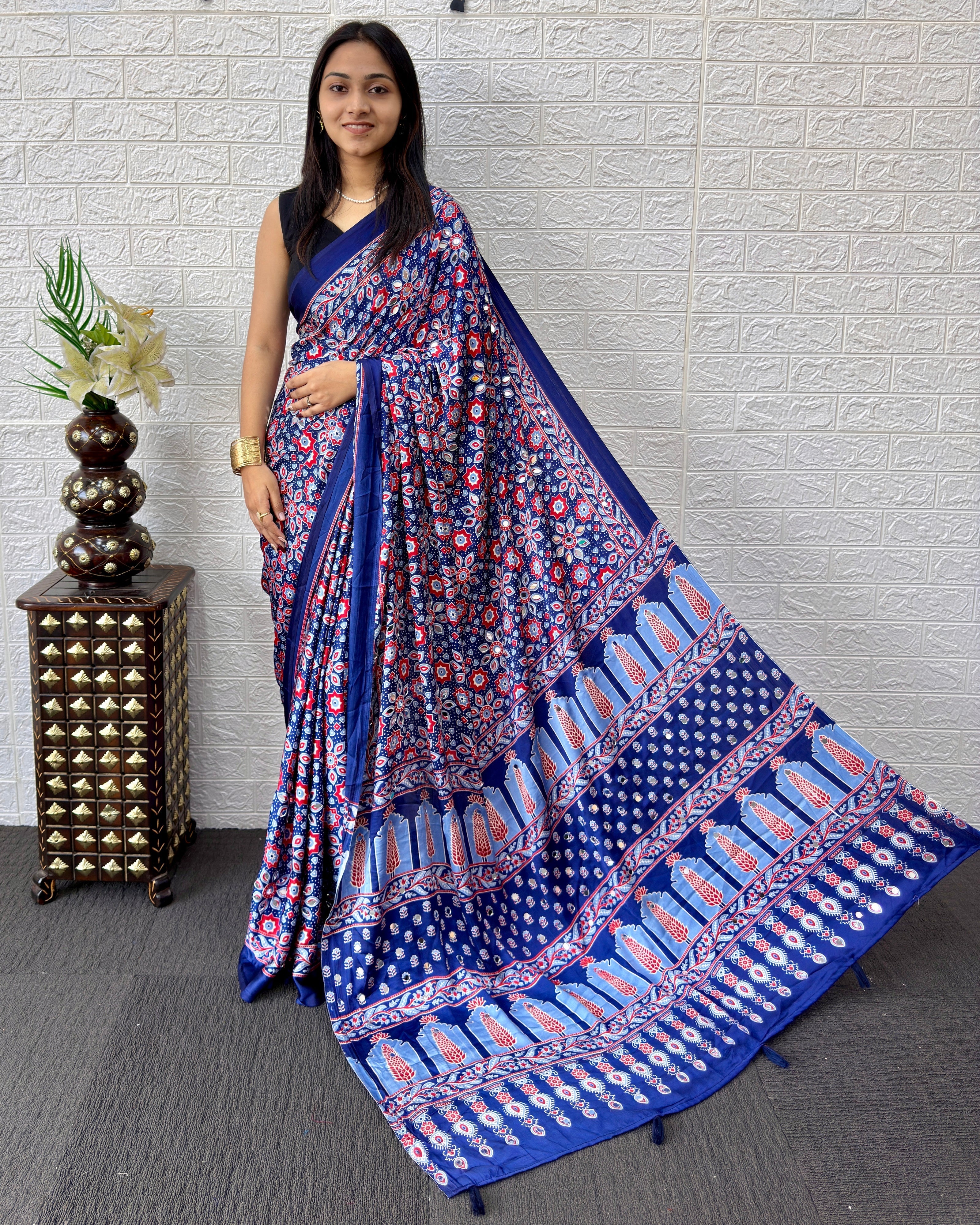 Royal Blue Modal Silk Saree with Geometric Floral Print & Heritage Designer Pallu | Festive & Party Wear Saree