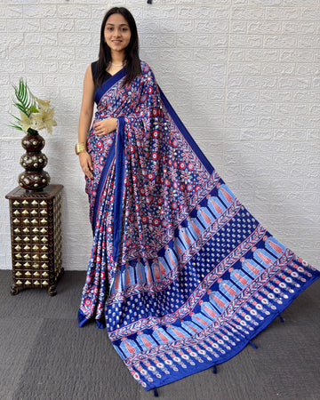 Royal Blue Modal Silk Saree with Geometric Floral Print & Heritage Designer Pallu | Festive & Party Wear Saree