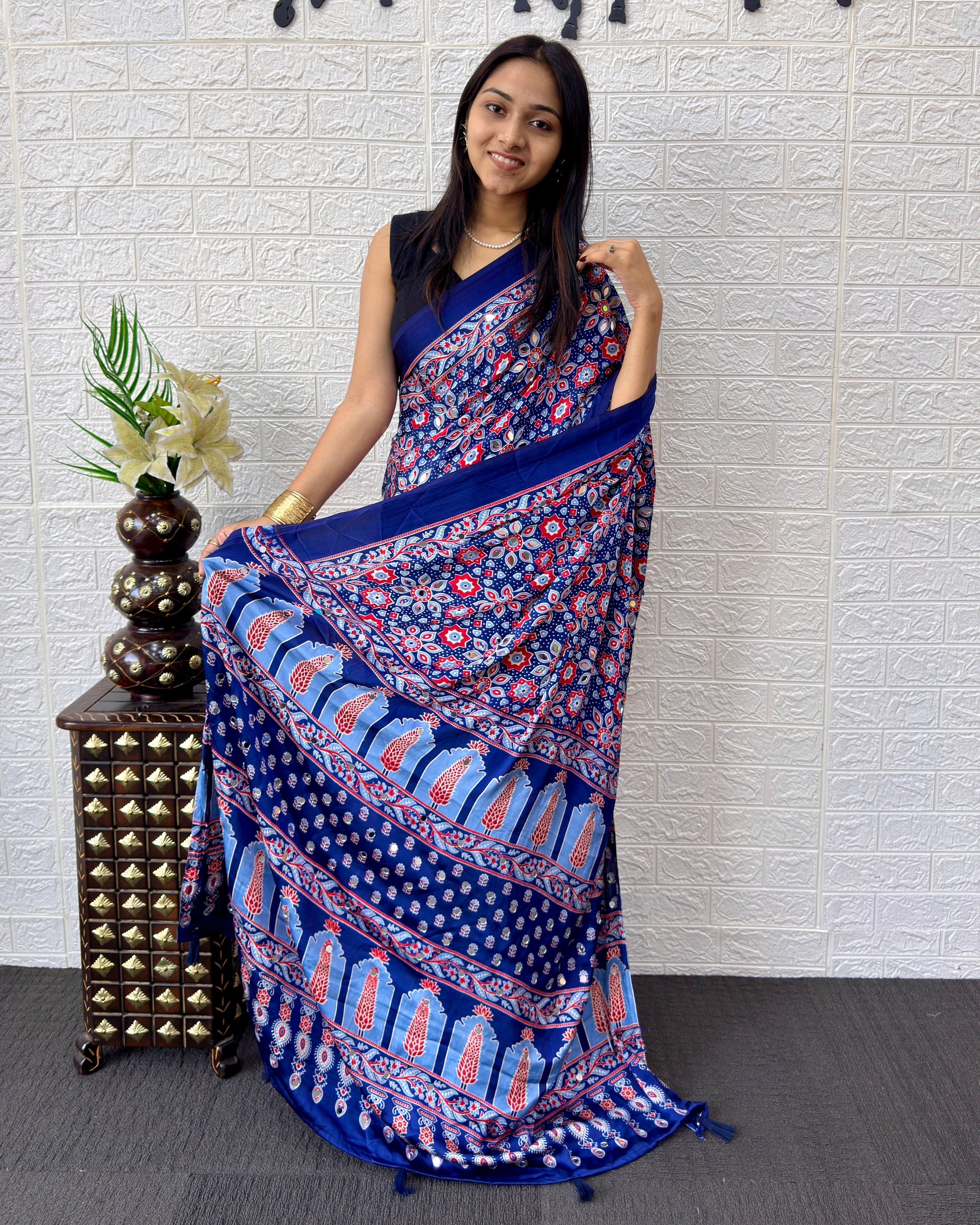Royal Blue Modal Silk Saree with Geometric Floral Print & Heritage Designer Pallu | Festive & Party Wear Saree