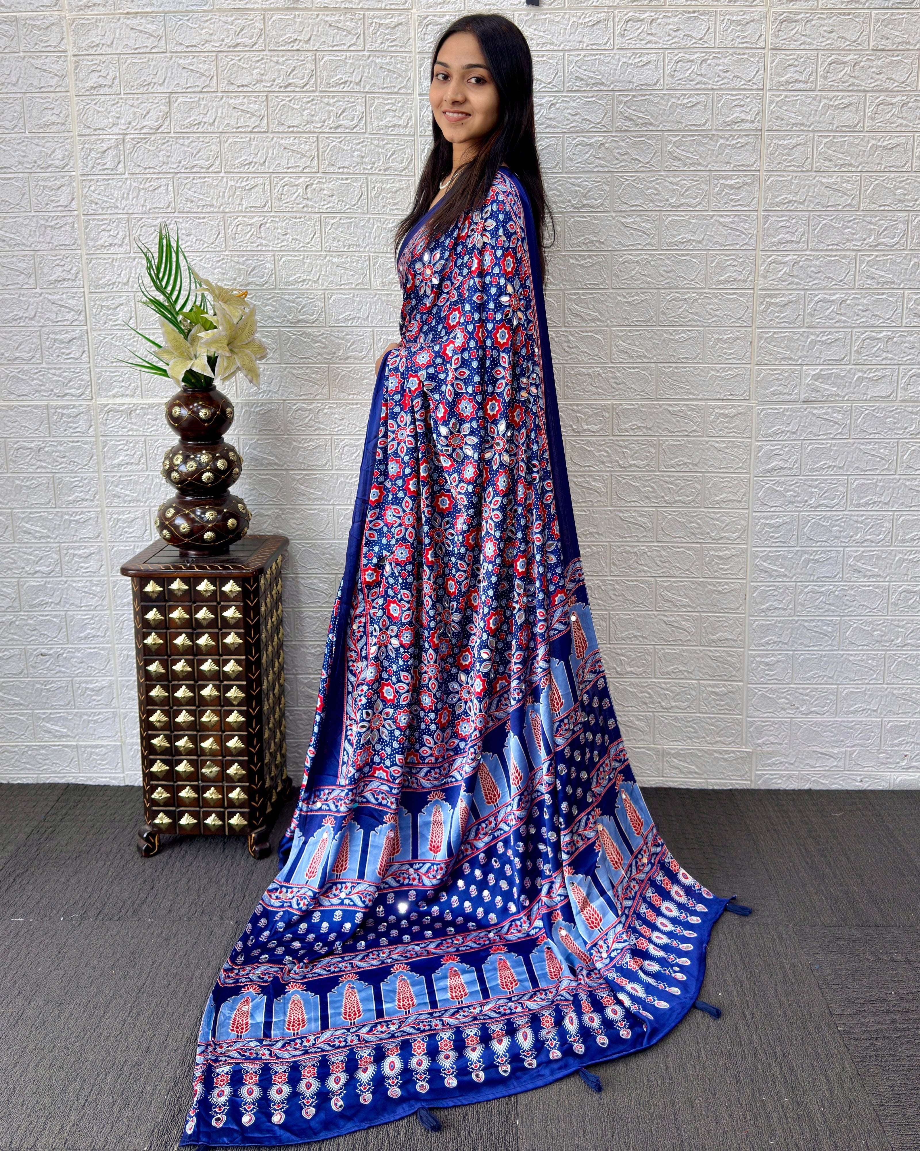 Royal Blue Modal Silk Saree with Geometric Floral Print & Heritage Designer Pallu | Festive & Party Wear Saree