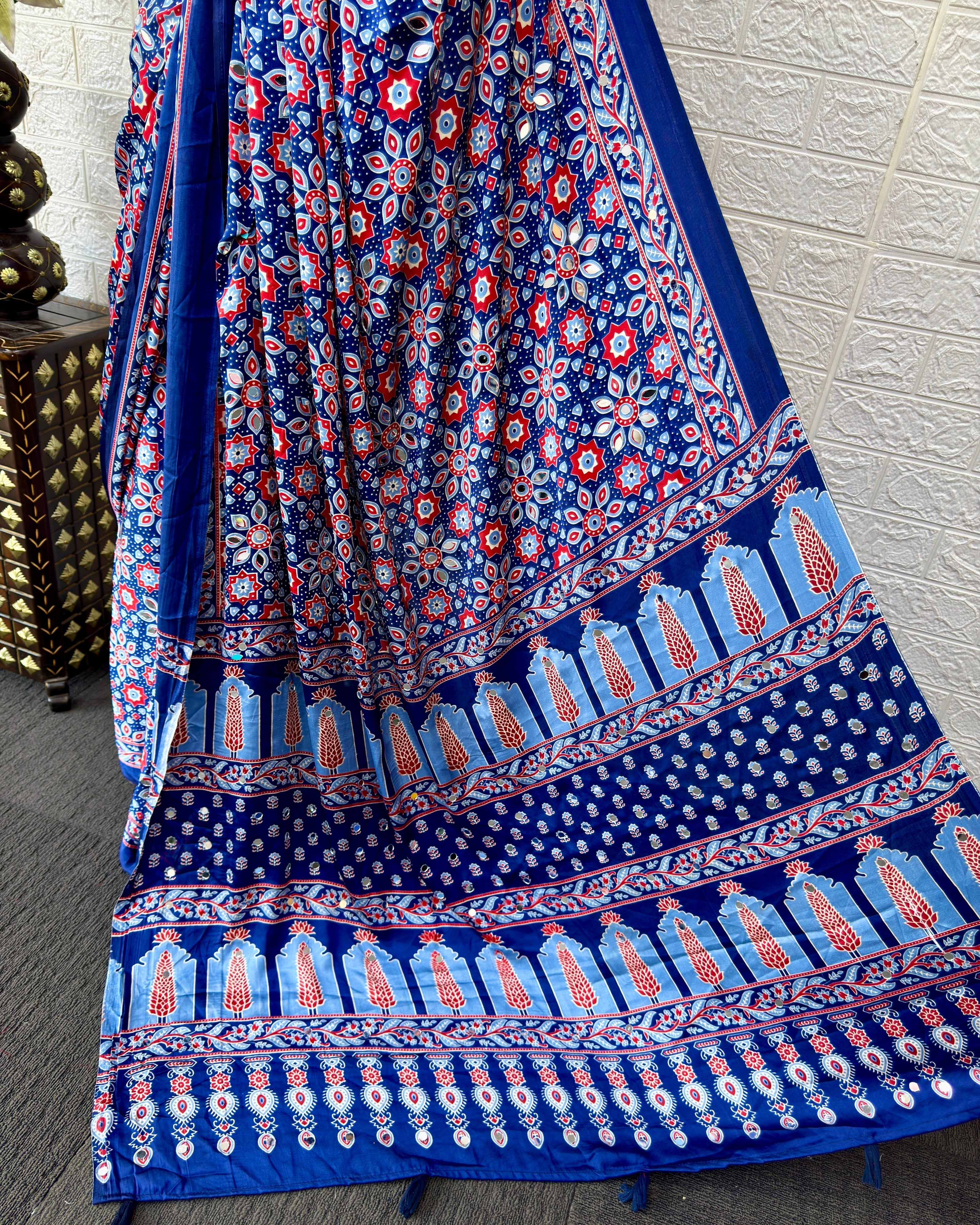 Royal Blue Modal Silk Saree with Geometric Floral Print & Heritage Designer Pallu | Festive & Party Wear Saree