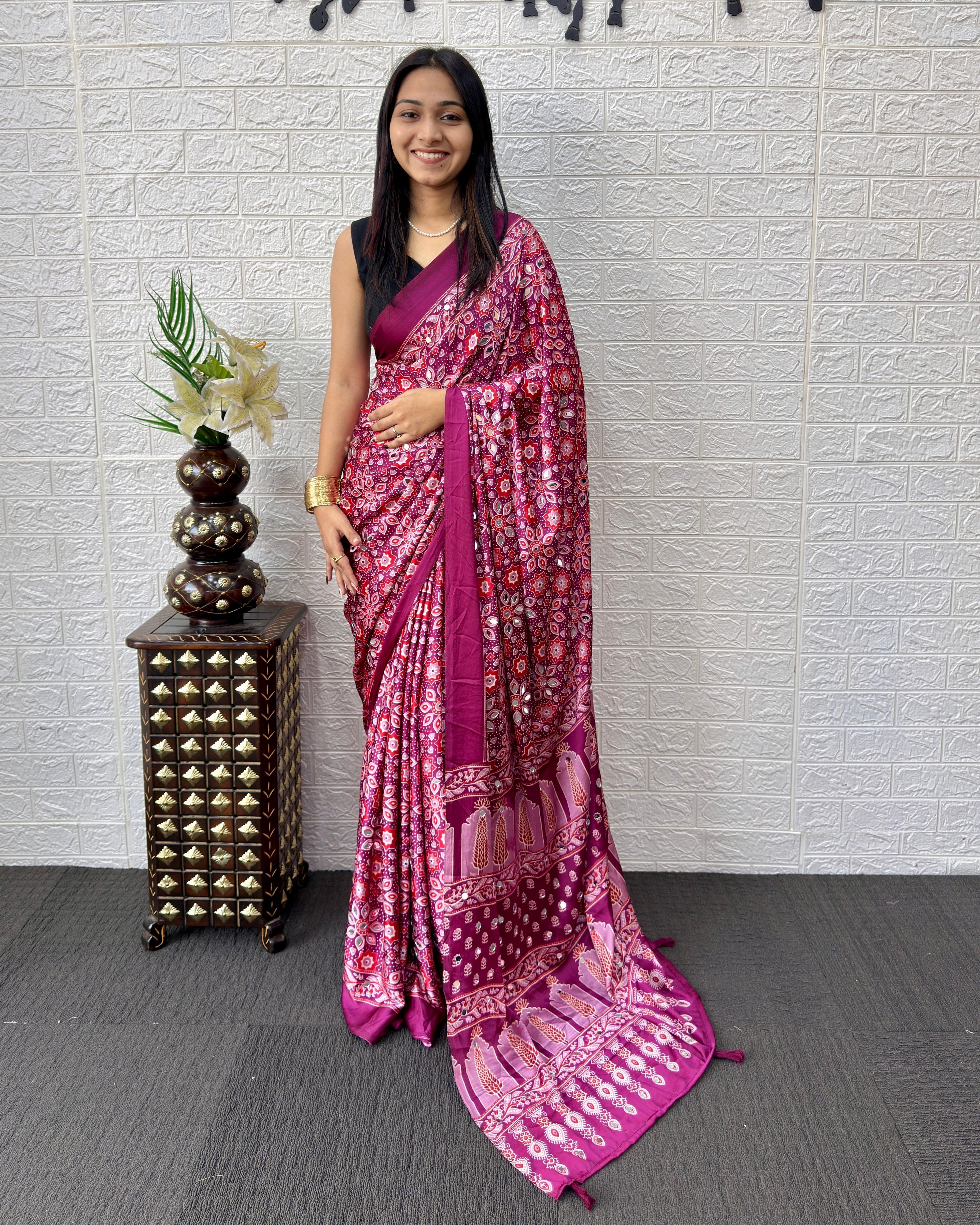 Purple Pink Modal Silk Saree with Geometric Floral Print & Heritage Designer Pallu | Festive & Party Wear Saree