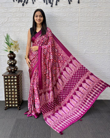 Purple Pink Modal Silk Saree with Geometric Floral Print & Heritage Designer Pallu | Festive & Party Wear Saree