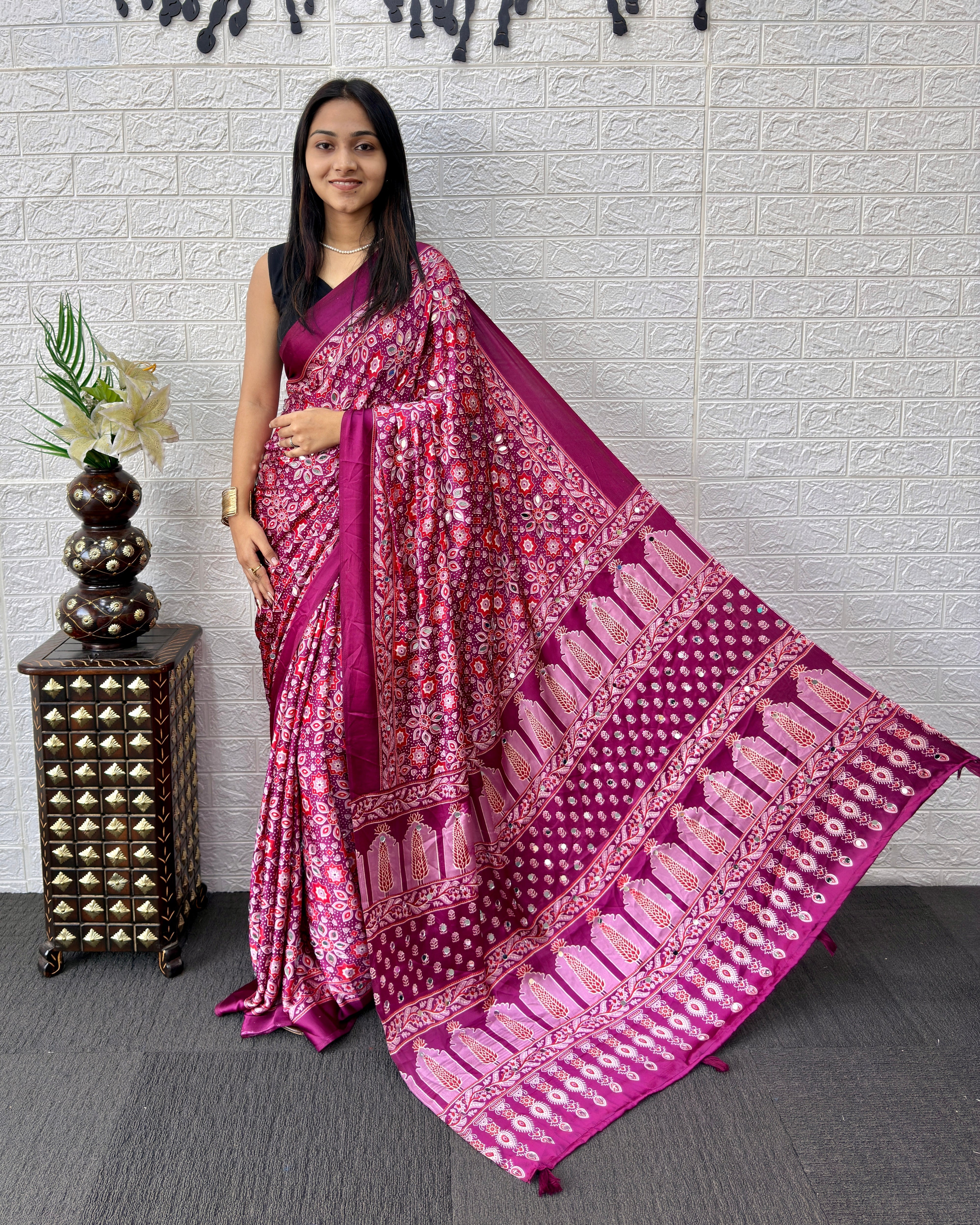 Purple Pink Modal Silk Saree with Geometric Floral Print & Heritage Designer Pallu | Festive & Party Wear Saree