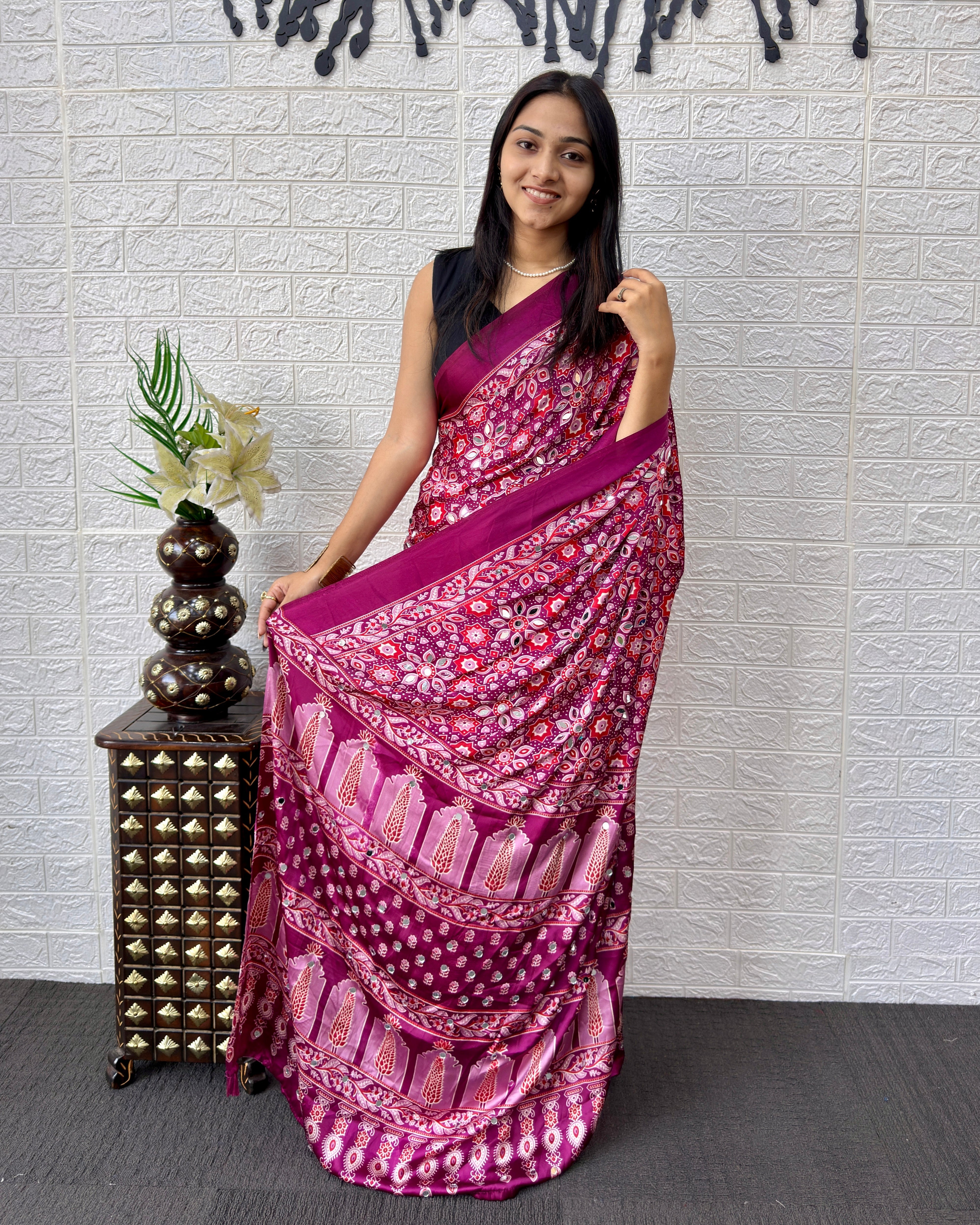 Purple Pink Modal Silk Saree with Geometric Floral Print & Heritage Designer Pallu | Festive & Party Wear Saree