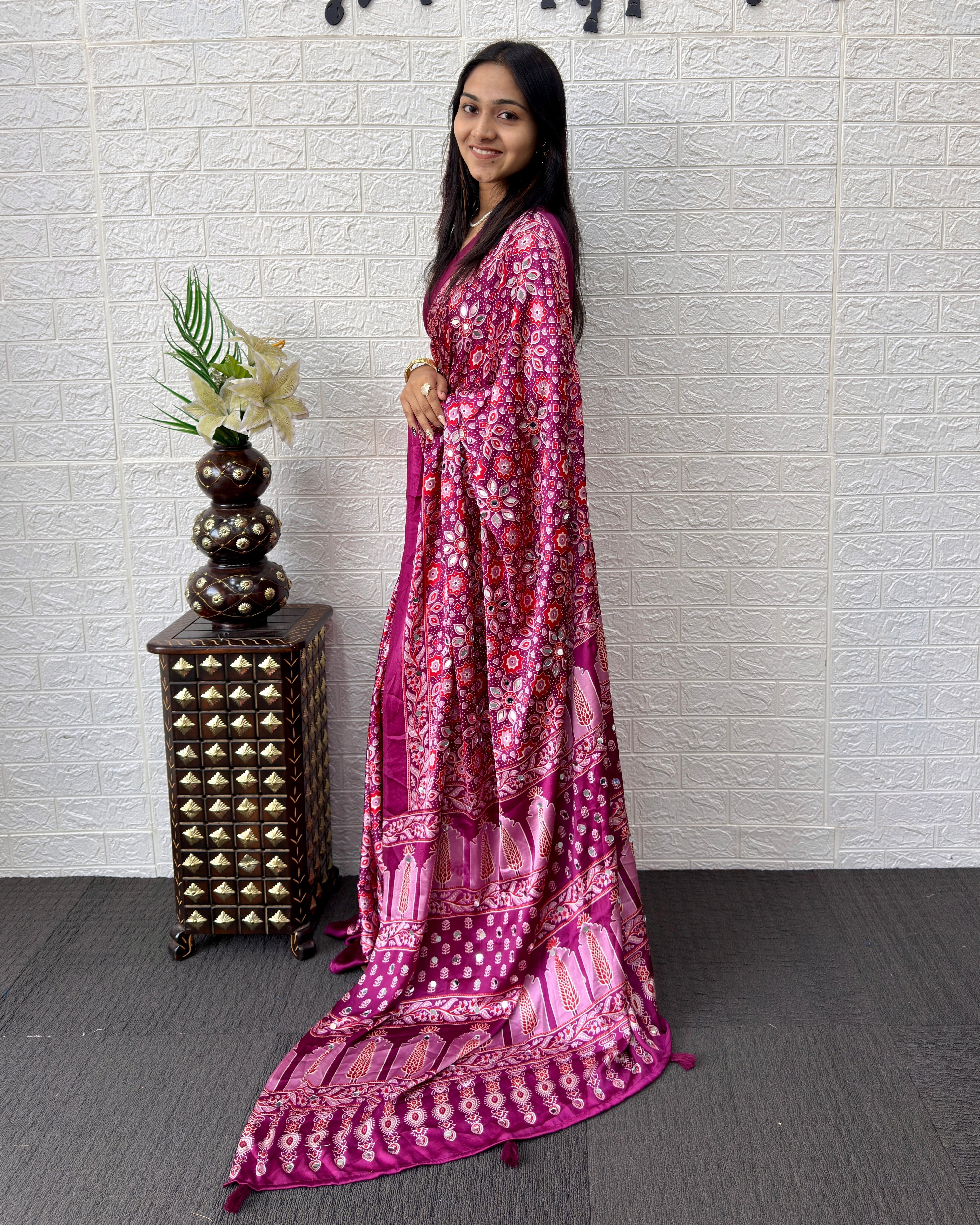 Purple Pink Modal Silk Saree with Geometric Floral Print & Heritage Designer Pallu | Festive & Party Wear Saree