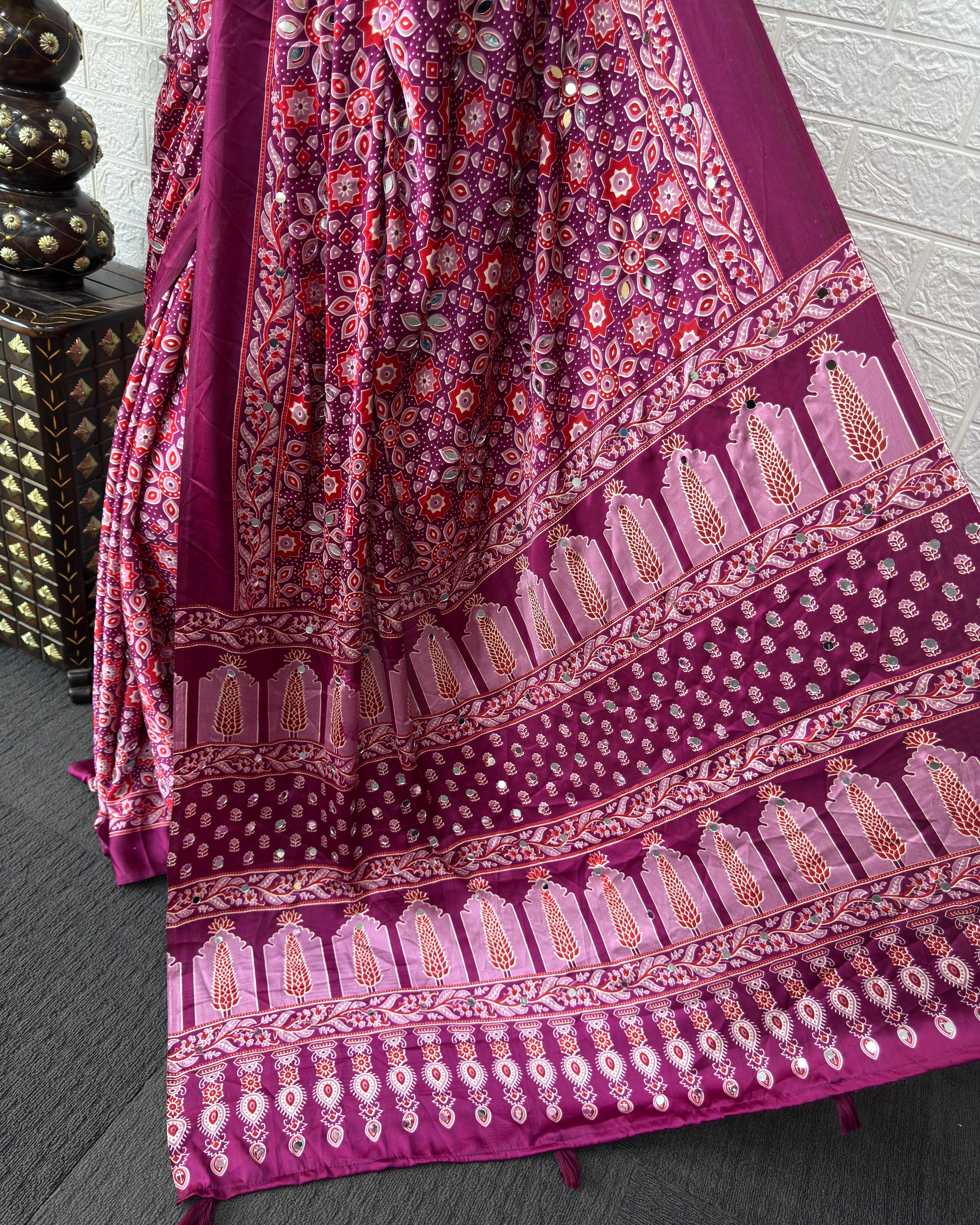 Purple Pink Modal Silk Saree with Geometric Floral Print & Heritage Designer Pallu | Festive & Party Wear Saree