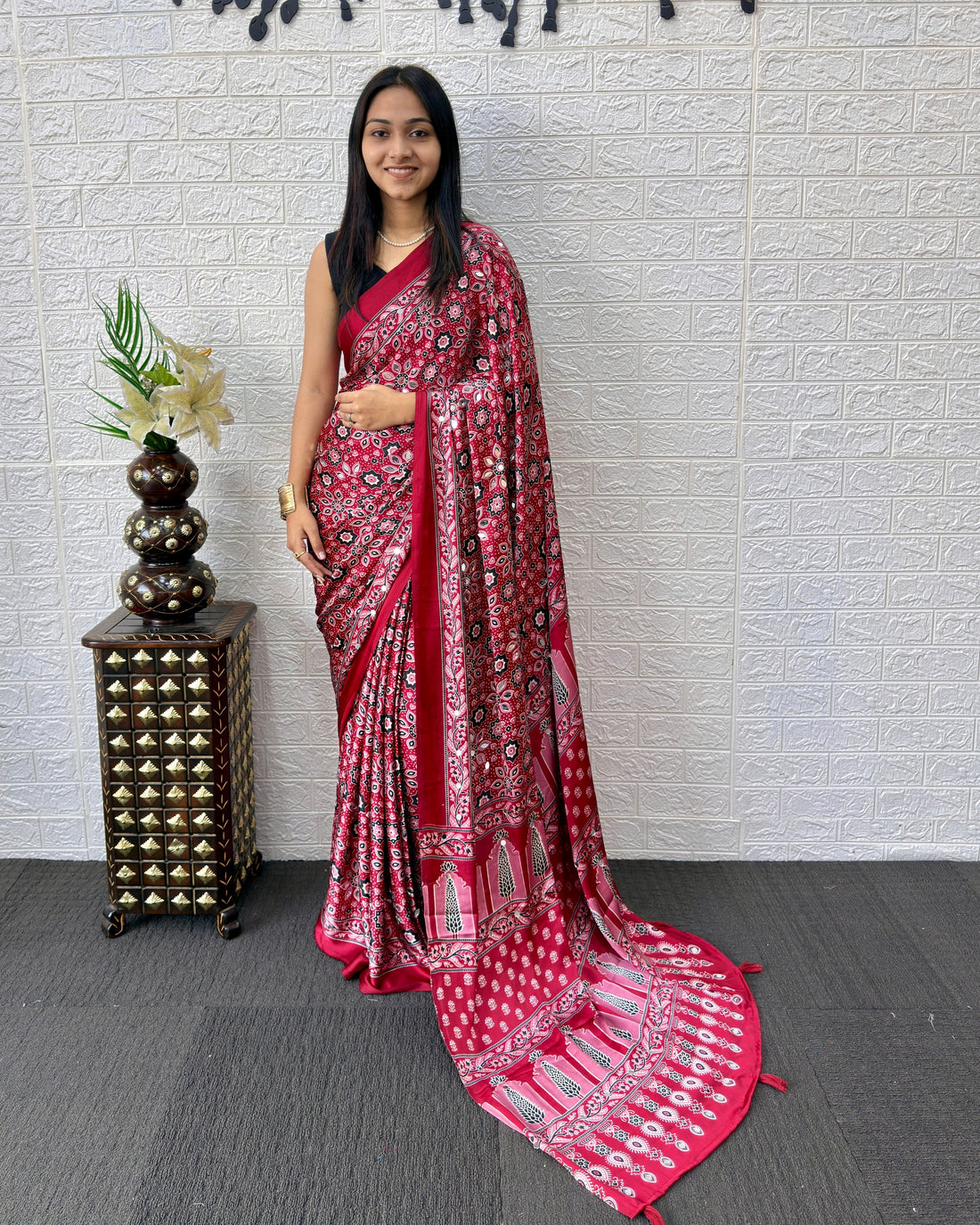 Red Modal Silk Saree with Geometric Floral Print & Heritage Designer Pallu | Festive & Party Wear Saree