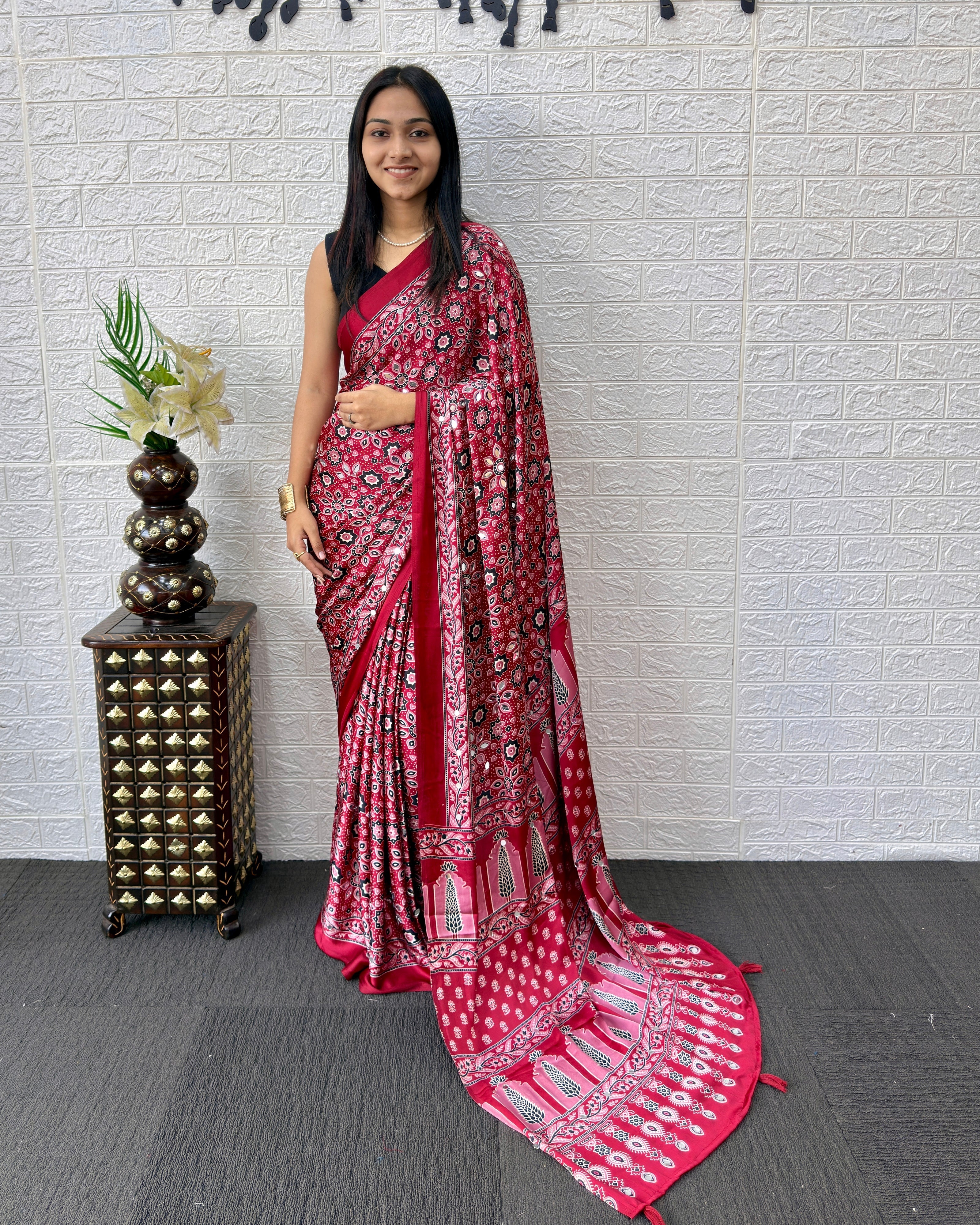 Red Modal Silk Saree with Geometric Floral Print & Heritage Designer Pallu | Festive & Party Wear Saree
