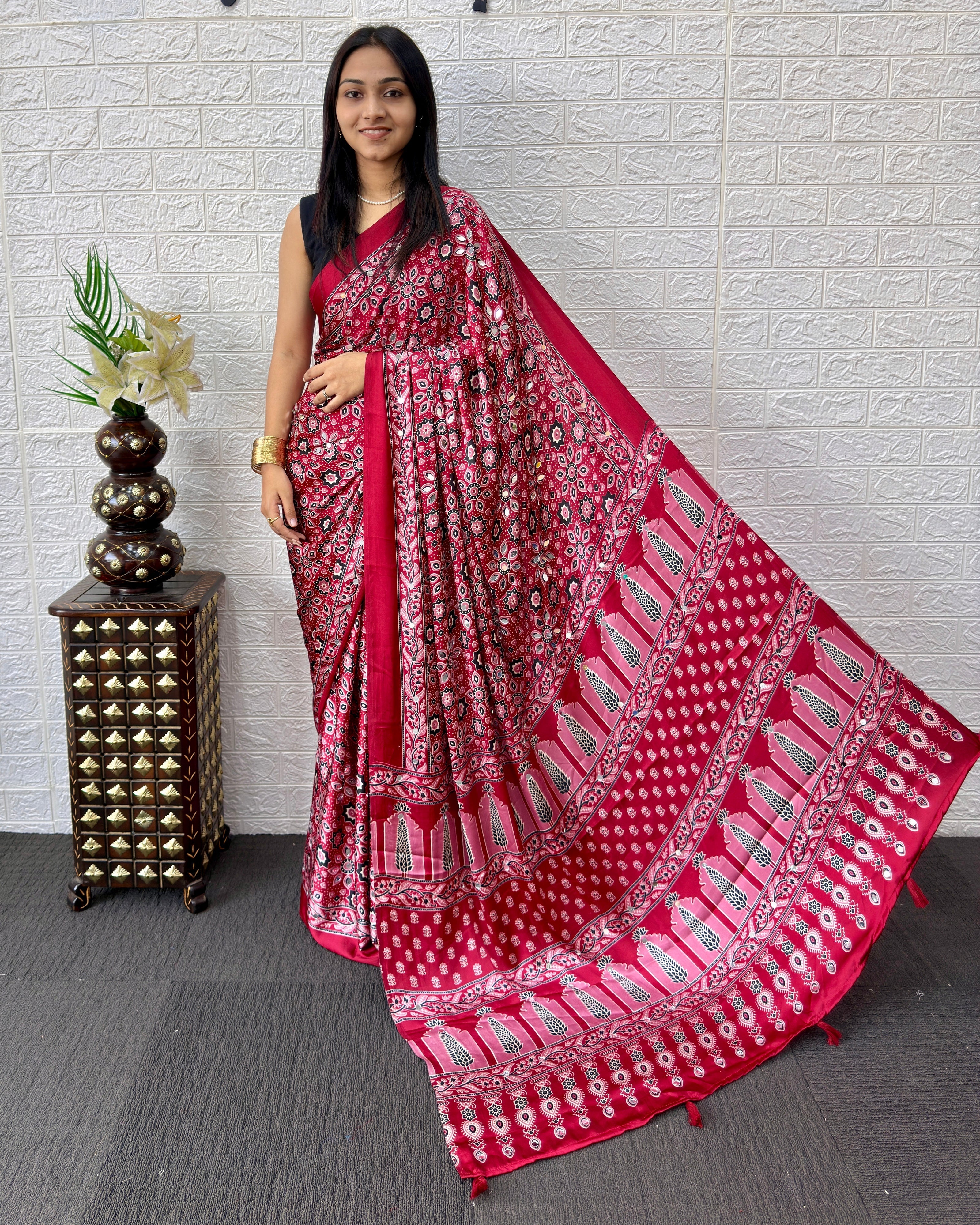 Red Modal Silk Saree with Geometric Floral Print & Heritage Designer Pallu | Festive & Party Wear Saree