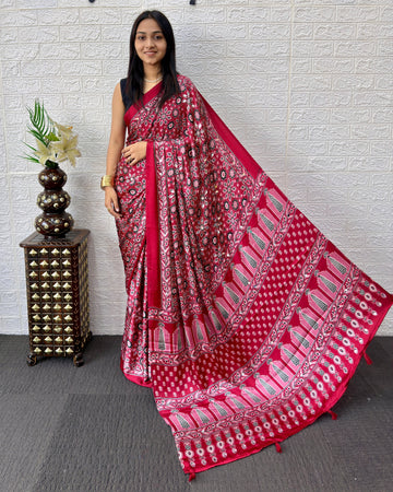 Red Modal Silk Saree with Geometric Floral Print & Heritage Designer Pallu | Festive & Party Wear Saree