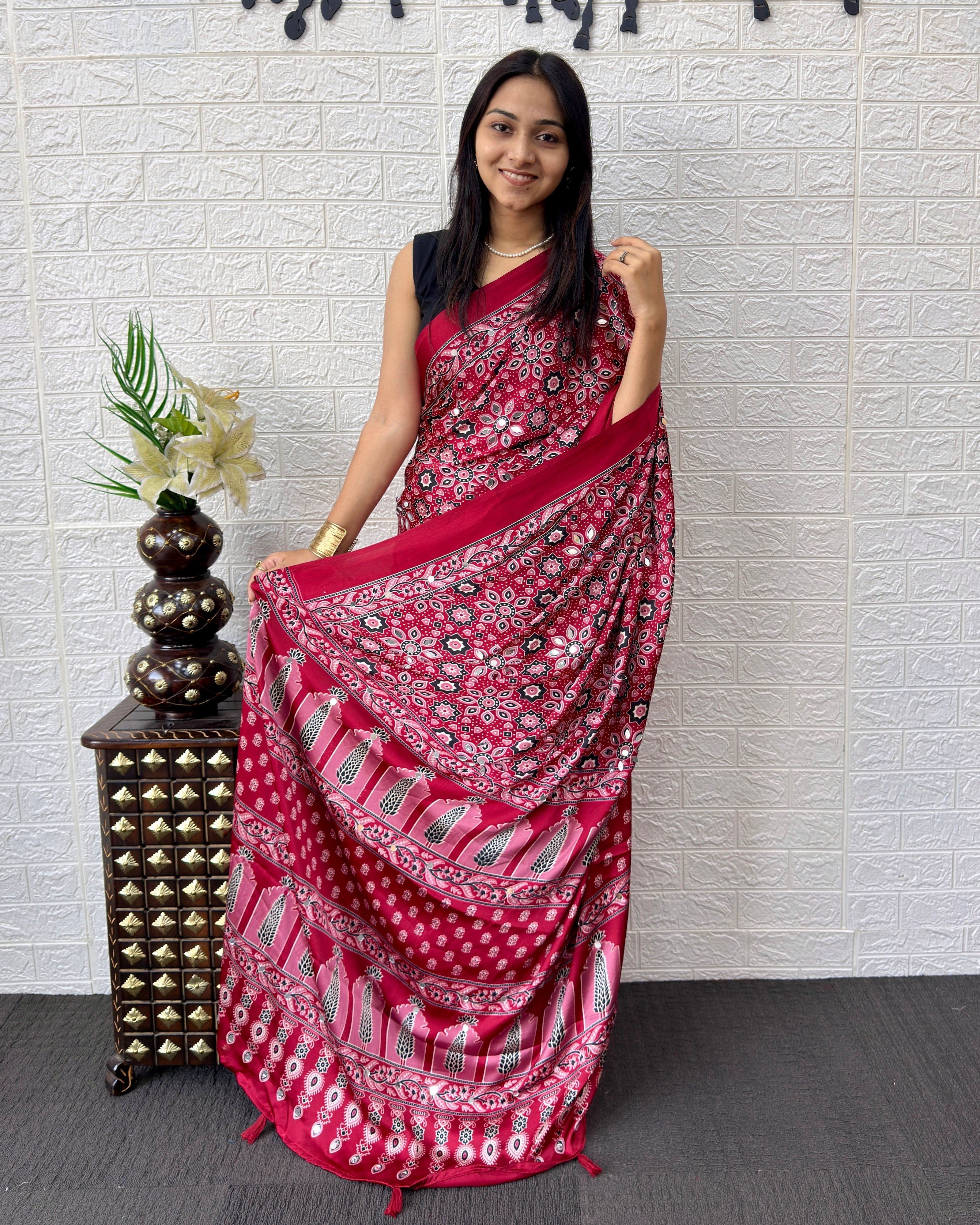 Red Modal Silk Saree with Geometric Floral Print & Heritage Designer Pallu | Festive & Party Wear Saree