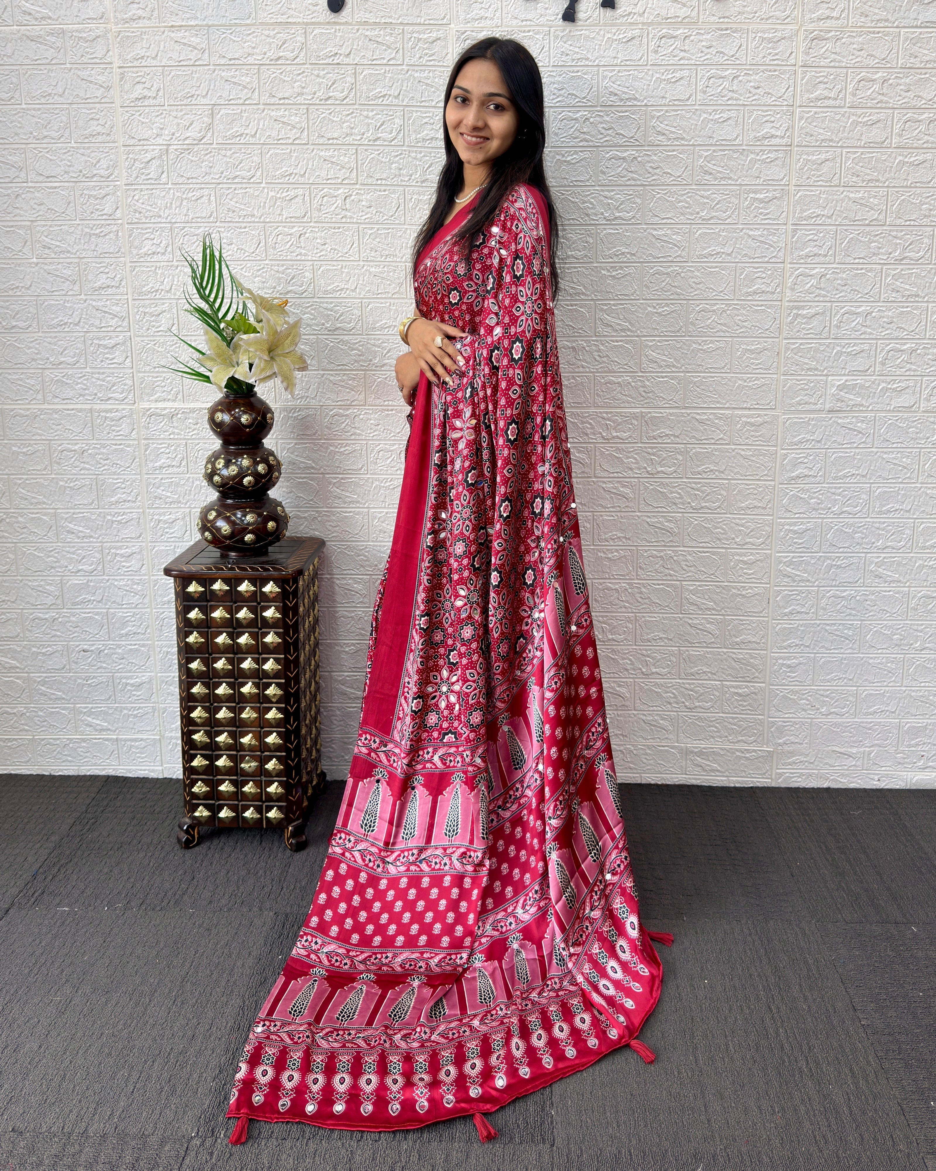 Red Modal Silk Saree with Geometric Floral Print & Heritage Designer Pallu | Festive & Party Wear Saree