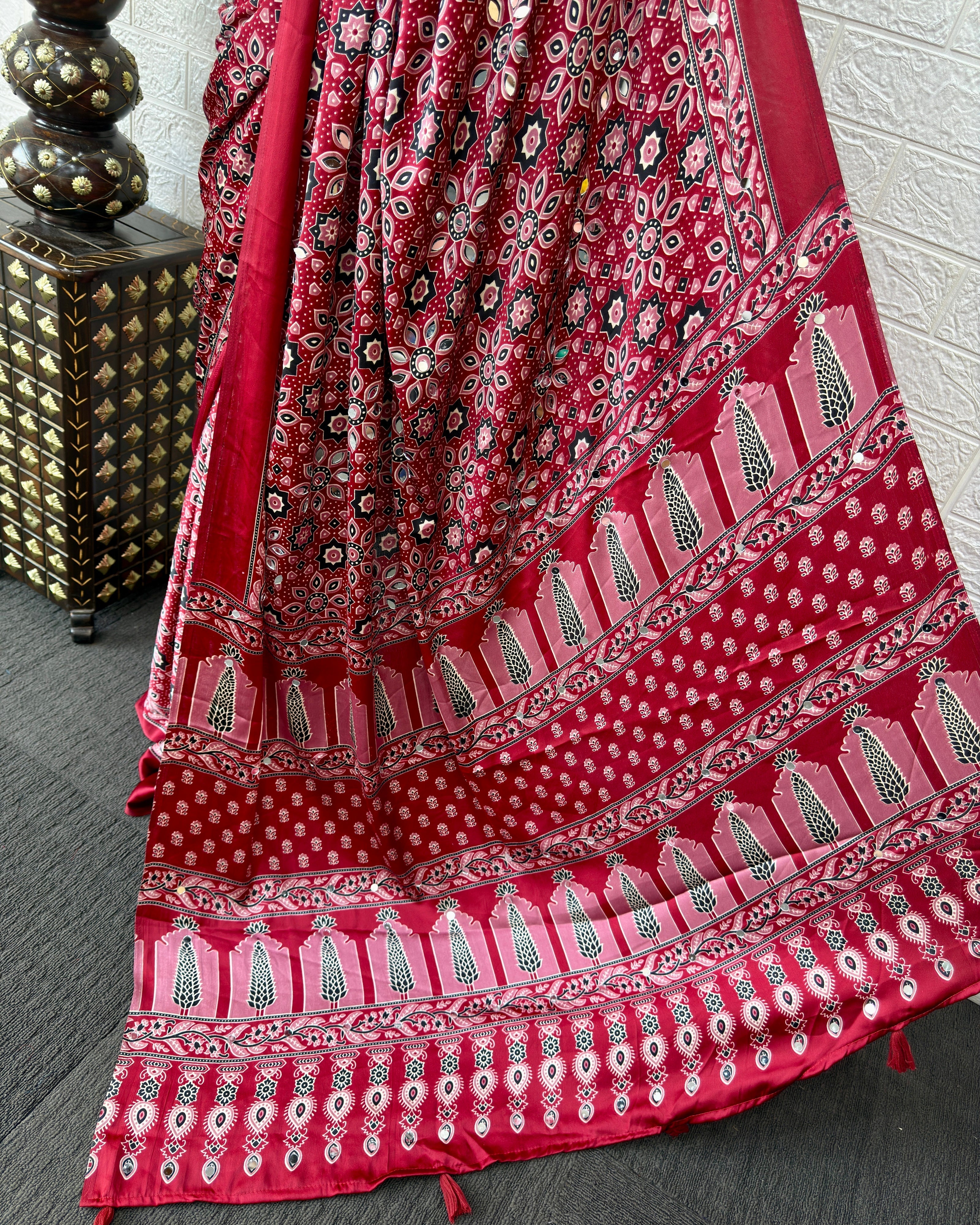 Red Modal Silk Saree with Geometric Floral Print & Heritage Designer Pallu | Festive & Party Wear Saree