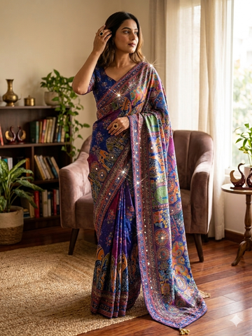Premium Multicolor Artistic Printed Saree with Designer Border & Attached Blouse | Party Wear & Festive Wear Saree