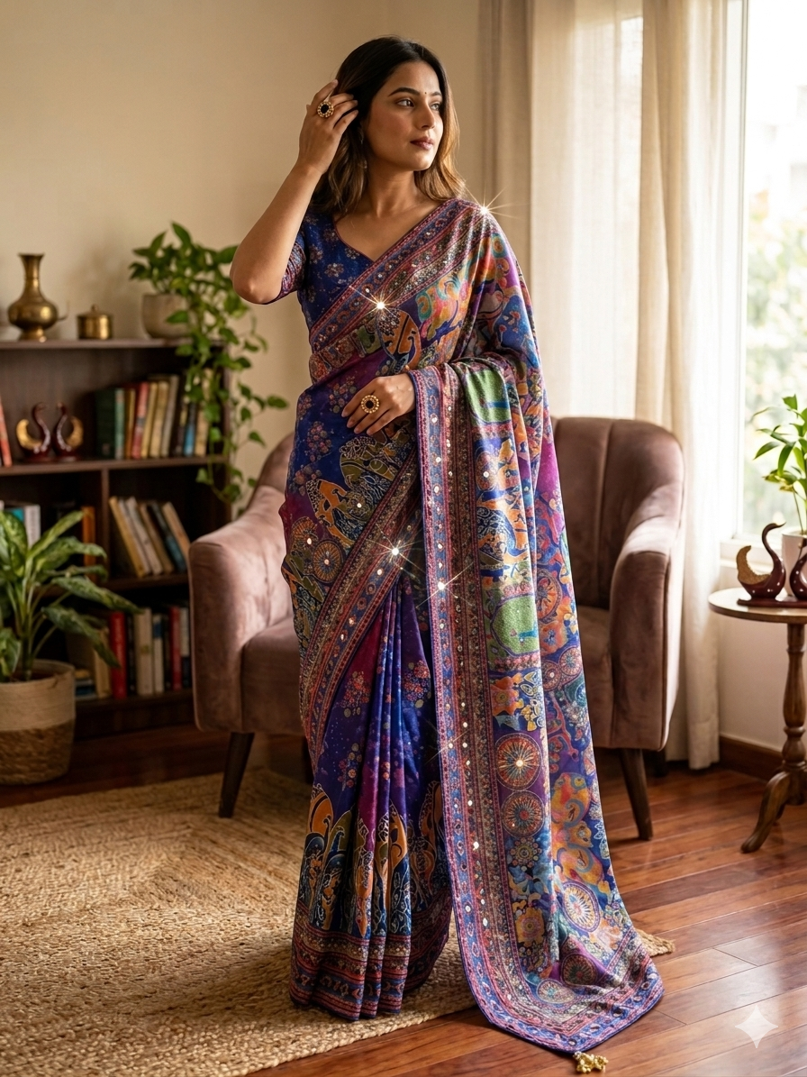 Premium Multicolor Artistic Printed Saree with Designer Border & Attached Blouse | Party Wear & Festive Wear Saree
