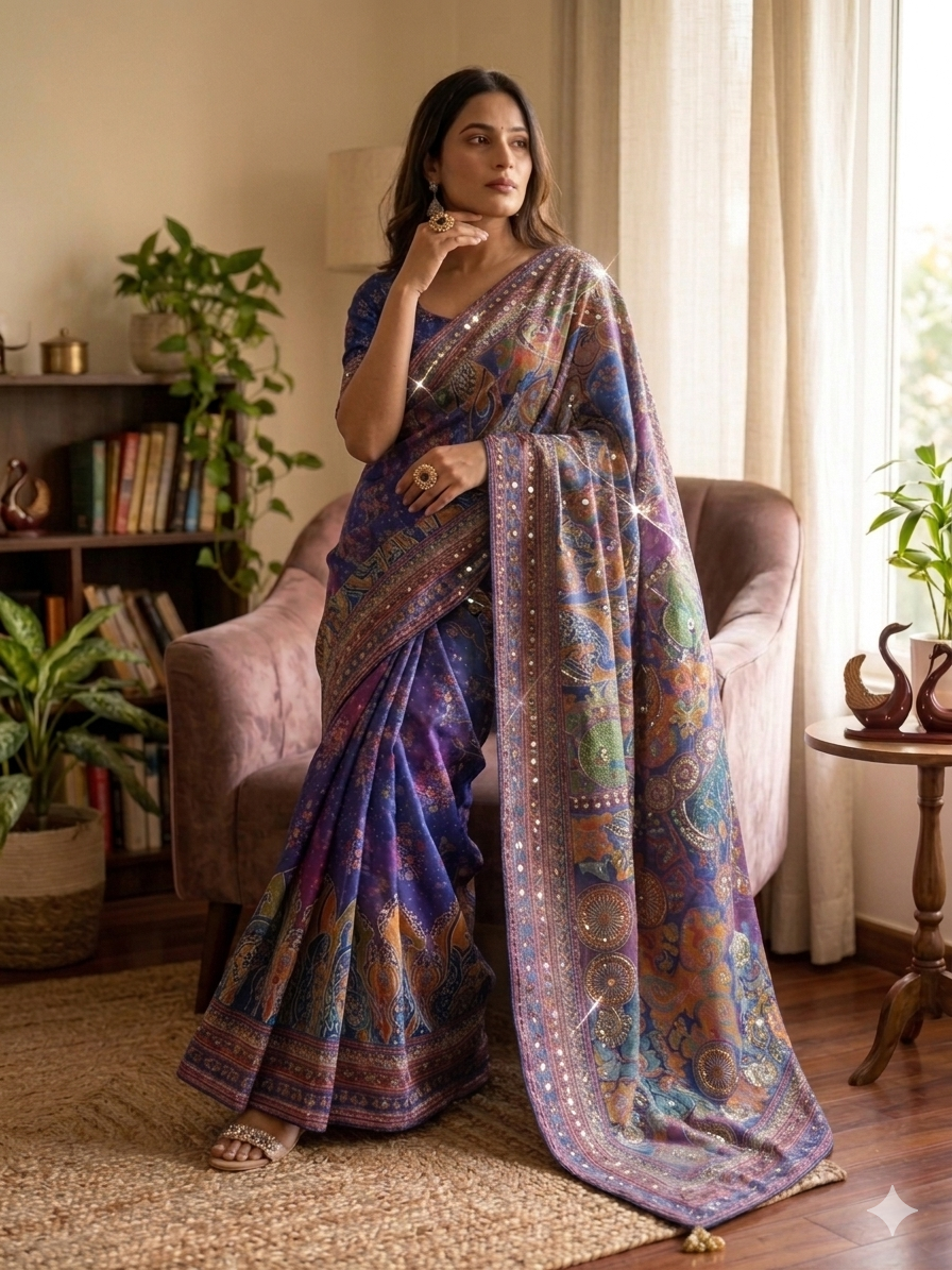 Premium Multicolor Artistic Printed Saree with Designer Border & Attached Blouse | Party Wear & Festive Wear Saree