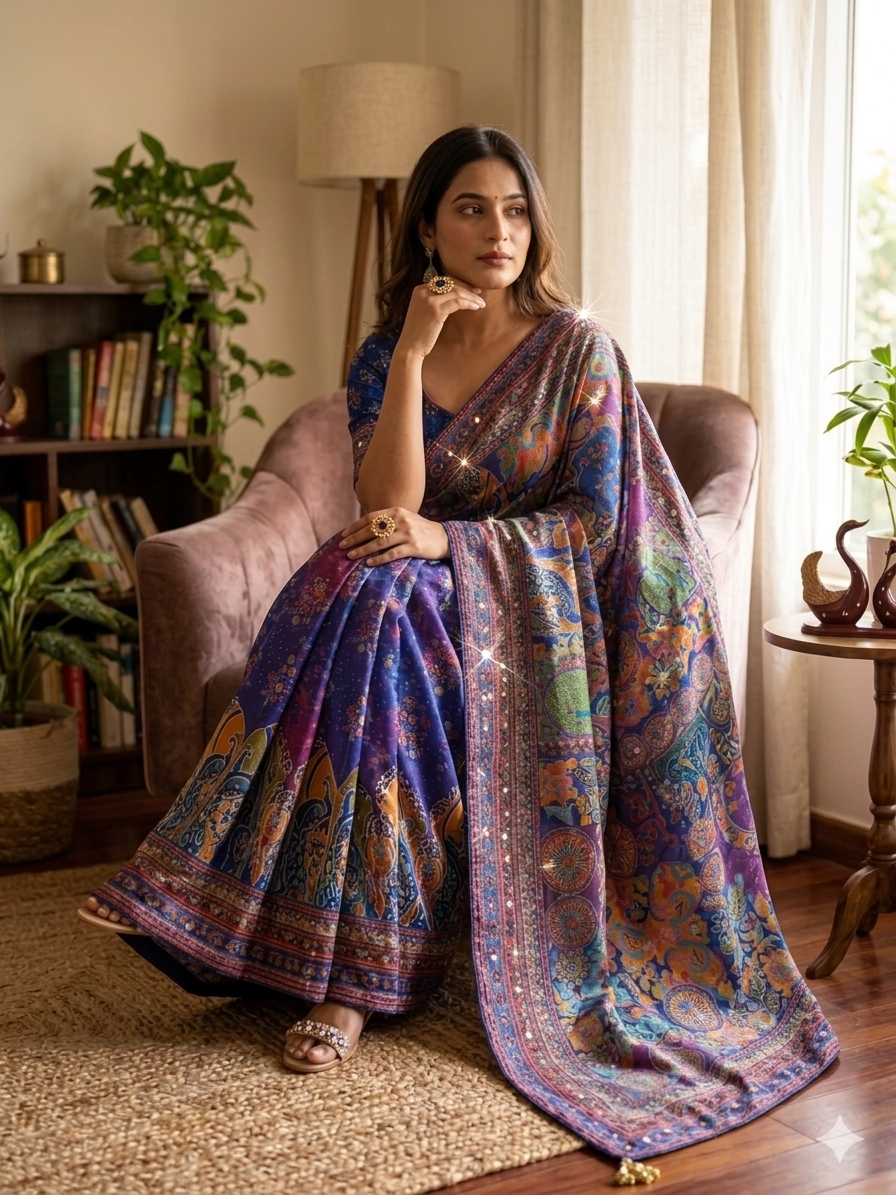 Premium Multicolor Artistic Printed Saree with Designer Border & Attached Blouse | Party Wear & Festive Wear Saree