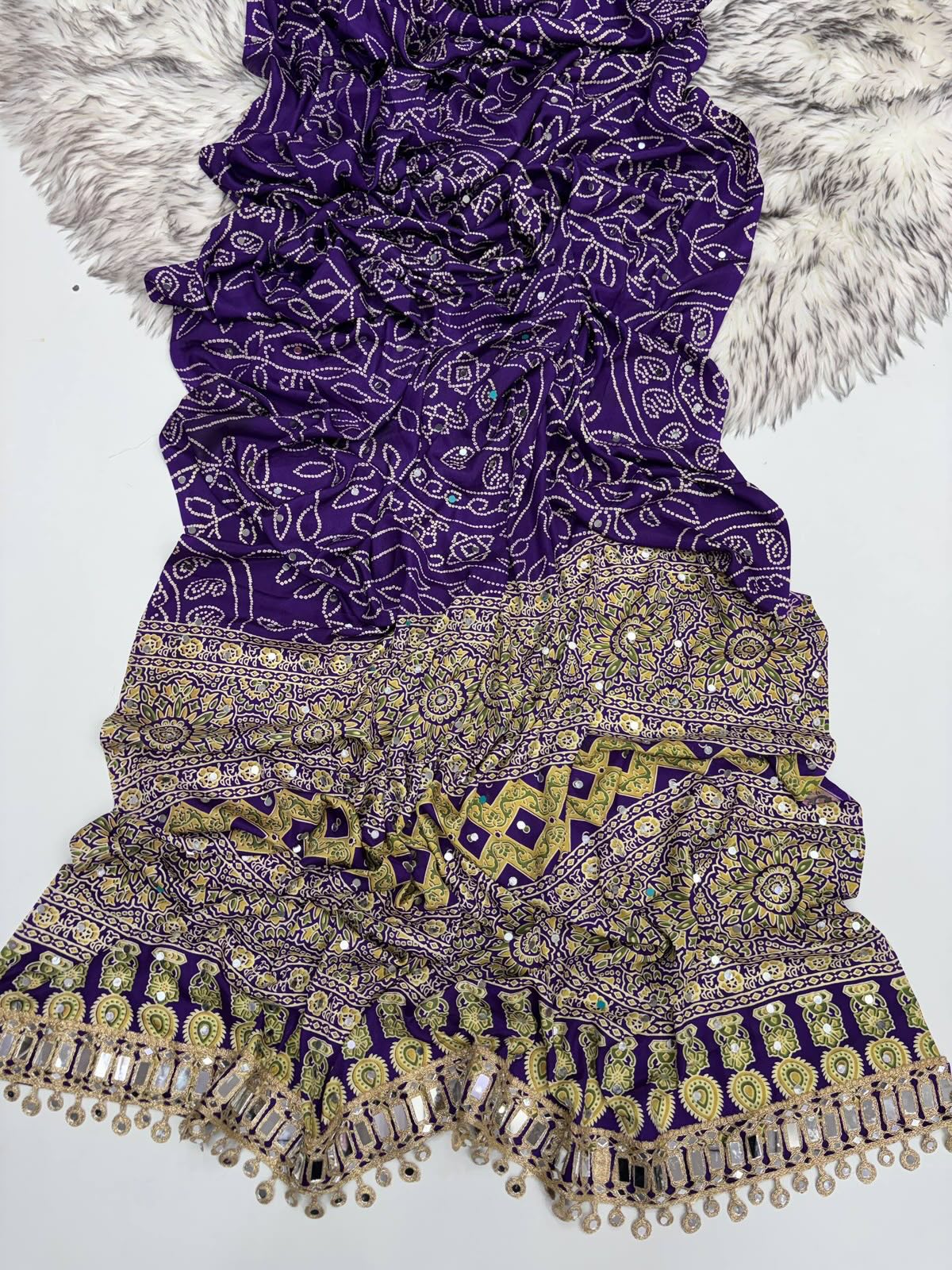 Purple Modal Silk Saree with Floral Mandala Print, Mirror Lace Border & Designer Pallu | Festive & Wedding Wear Saree