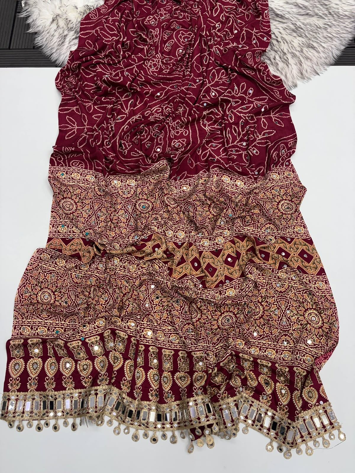 Maroon Modal Silk Saree with Floral Mandala Print, Mirror Lace Border & Designer Pallu | Festive Wear Saree