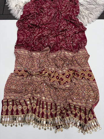 Maroon Modal Silk Saree with Floral Mandala Print, Mirror Lace Border & Designer Pallu | Festive Wear Saree