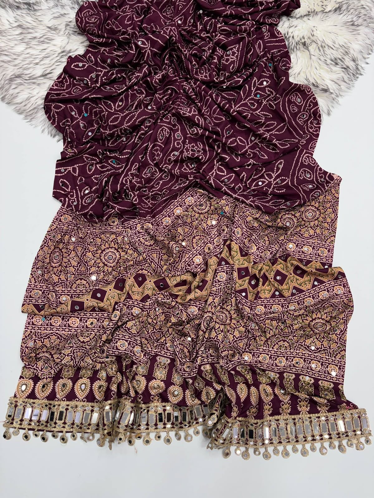 Plum Purple Modal Silk Saree with Floral Mandala Print, Mirror Lace Border & Designer Pallu | Festive Wear Saree