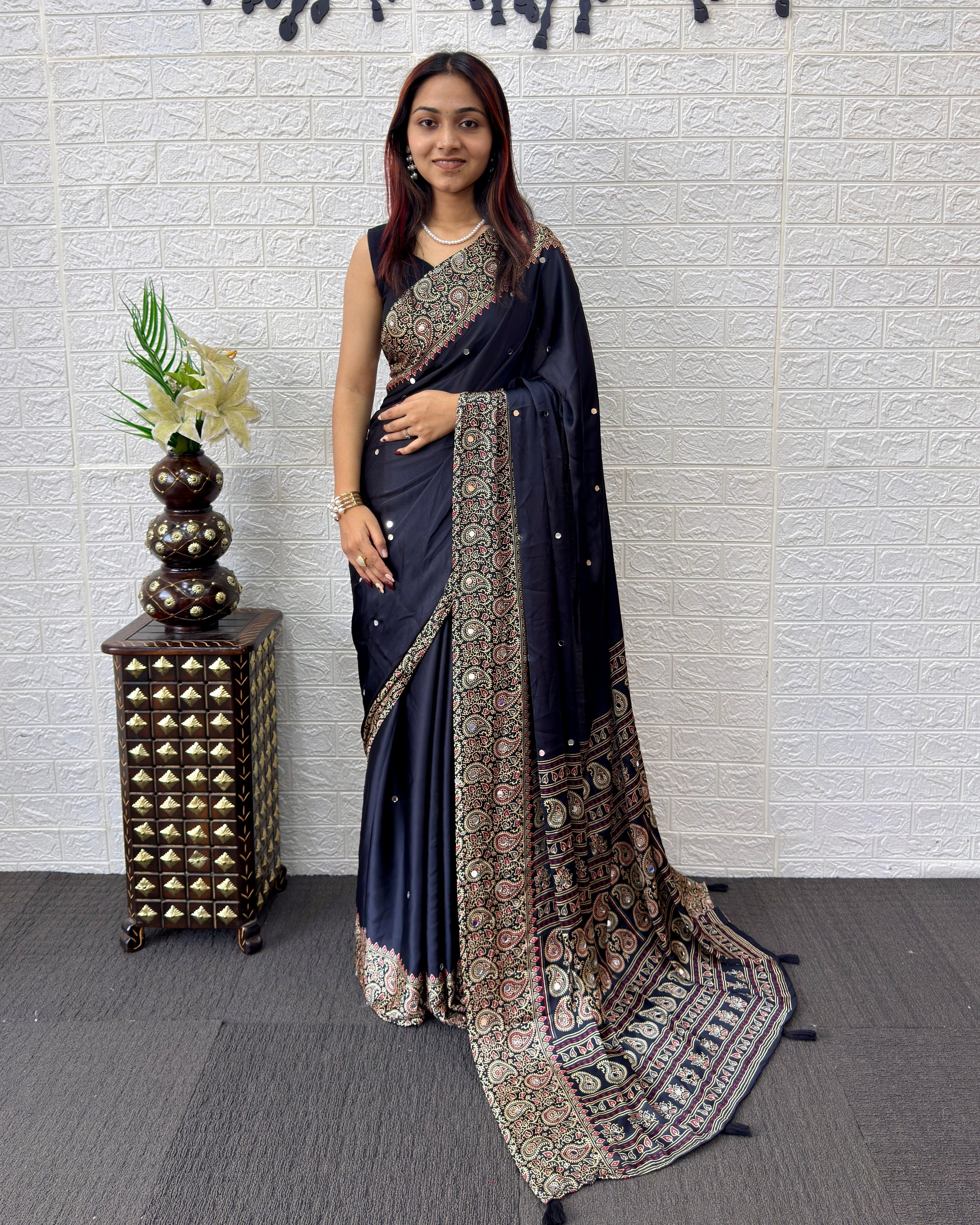 Black Satin Silk Saree with Kashmiri Paisley Print Pallu & Designer Border | Elegant Festive Wear Saree