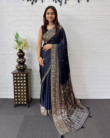 Black Satin Silk Saree with Kashmiri Paisley Print Pallu & Designer Border | Elegant Festive Wear Saree
