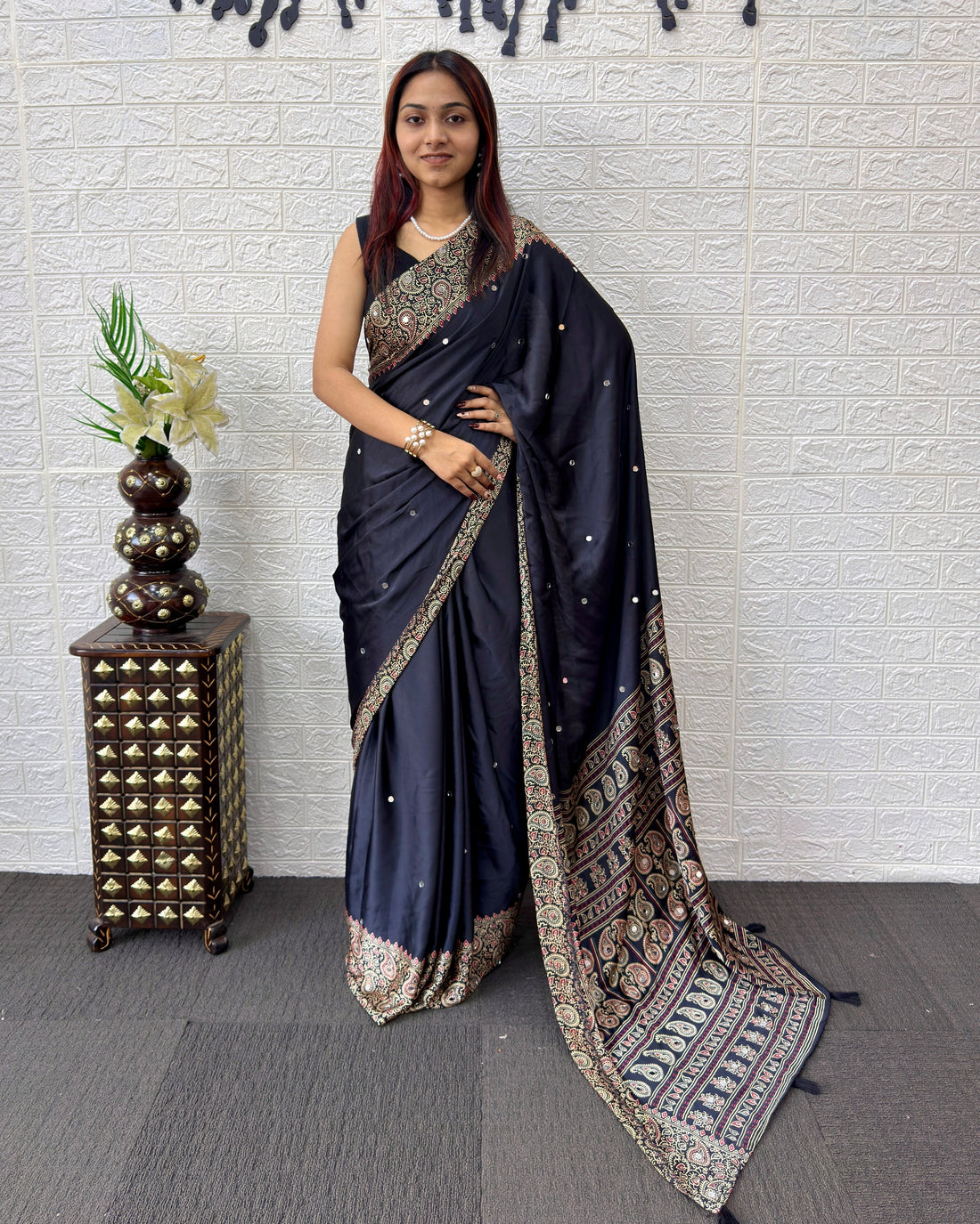 Black Satin Silk Saree with Kashmiri Paisley Print Pallu & Designer Border | Elegant Festive Wear Saree