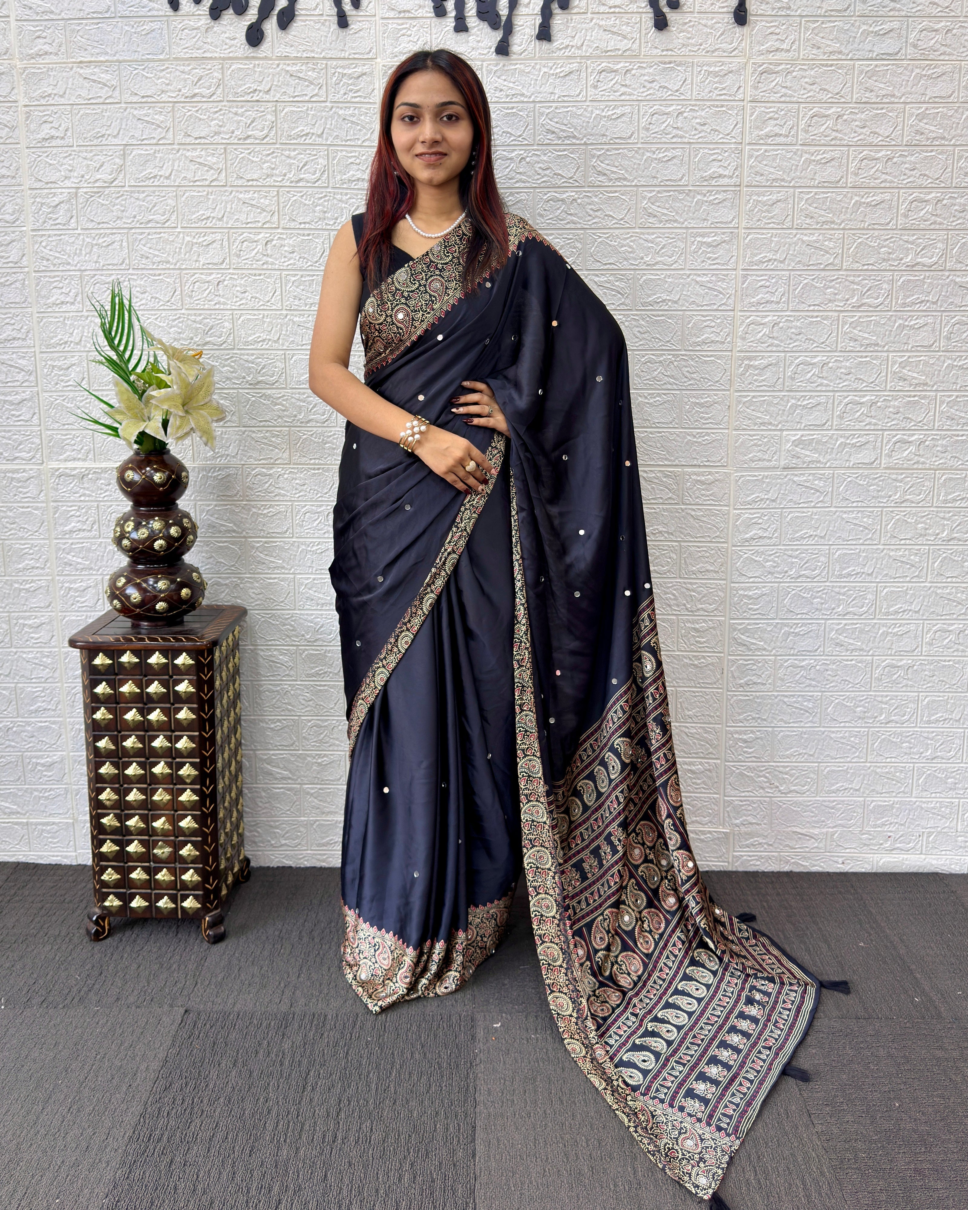 Black Satin Silk Saree with Kashmiri Paisley Print Pallu & Designer Border | Elegant Festive Wear Saree