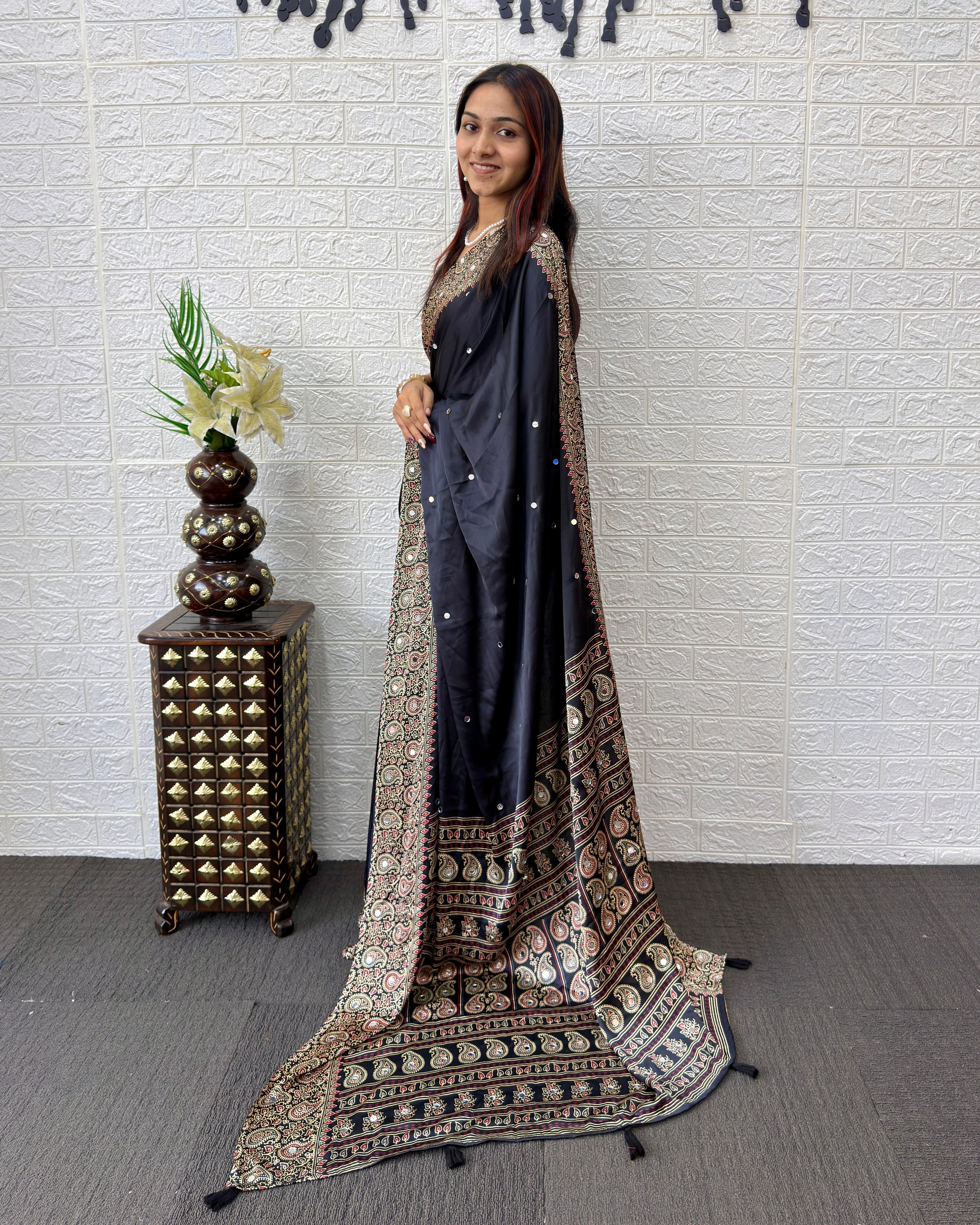 Black Satin Silk Saree with Kashmiri Paisley Print Pallu & Designer Border | Elegant Festive Wear Saree