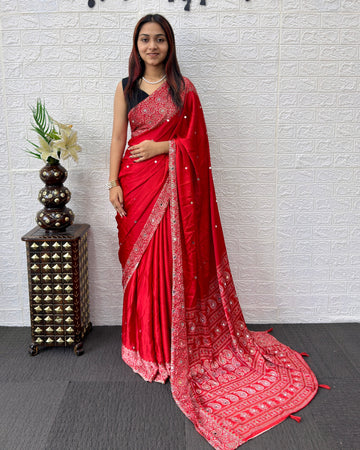 Red Satin Silk Saree with Kashmiri Paisley Print Pallu & Designer Border | Festive & Wedding Wear Saree
