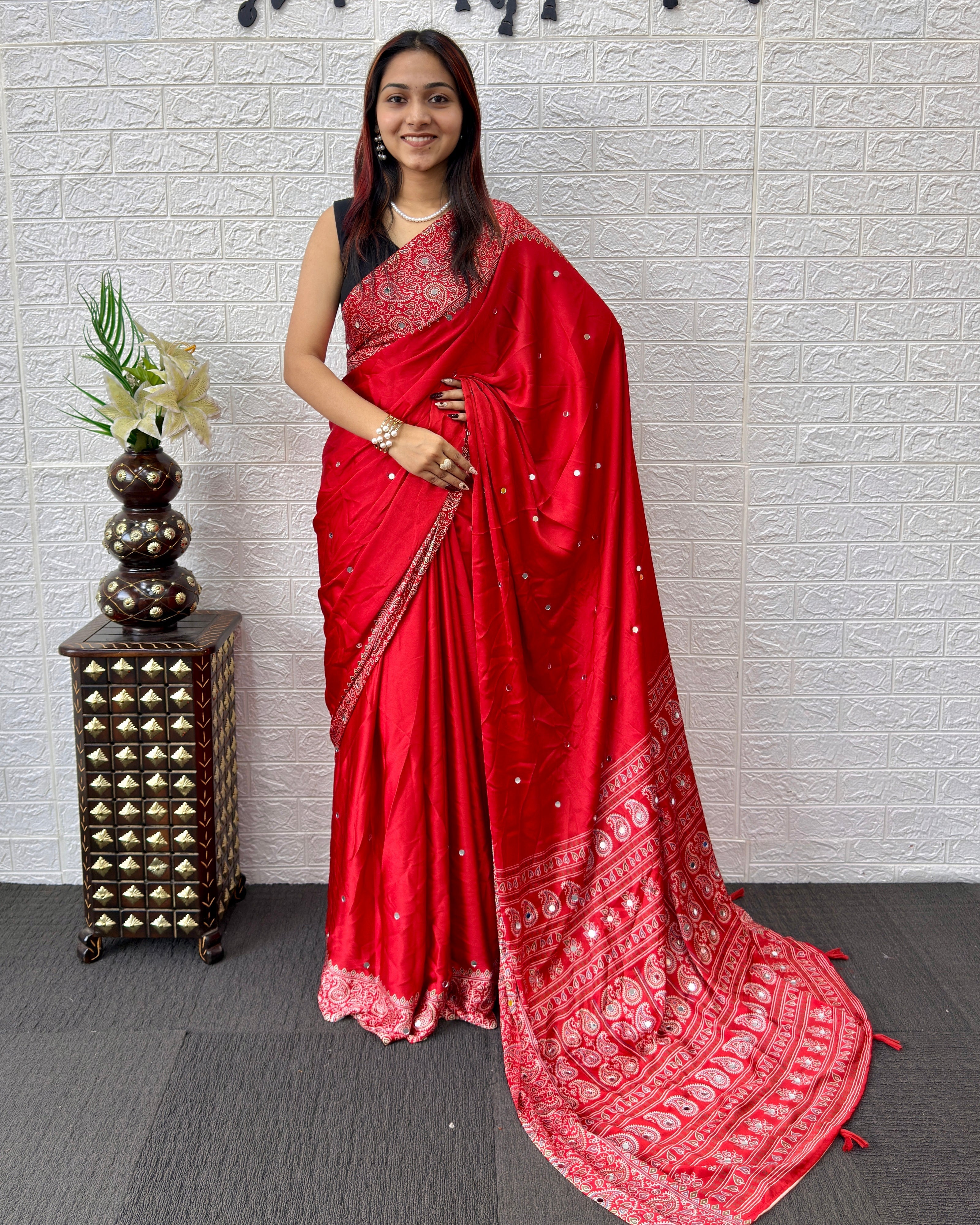 Red Satin Silk Saree with Kashmiri Paisley Print Pallu & Designer Border | Festive & Wedding Wear Saree