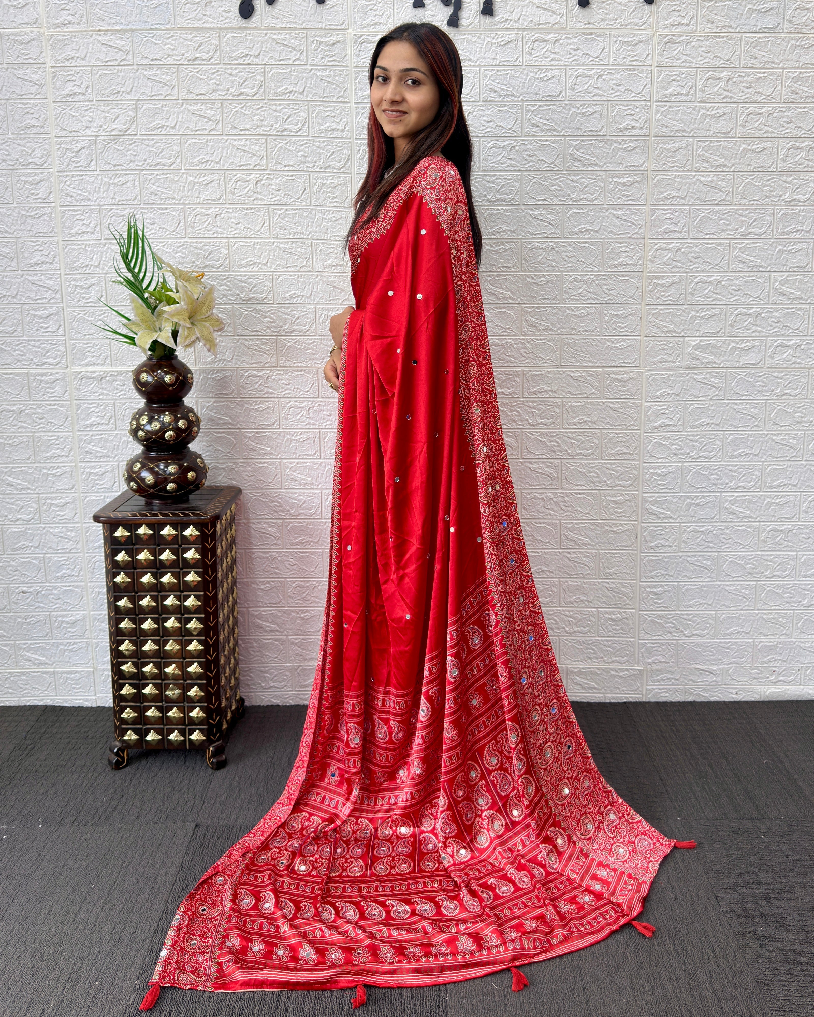Red Satin Silk Saree with Kashmiri Paisley Print Pallu & Designer Border | Festive & Wedding Wear Saree