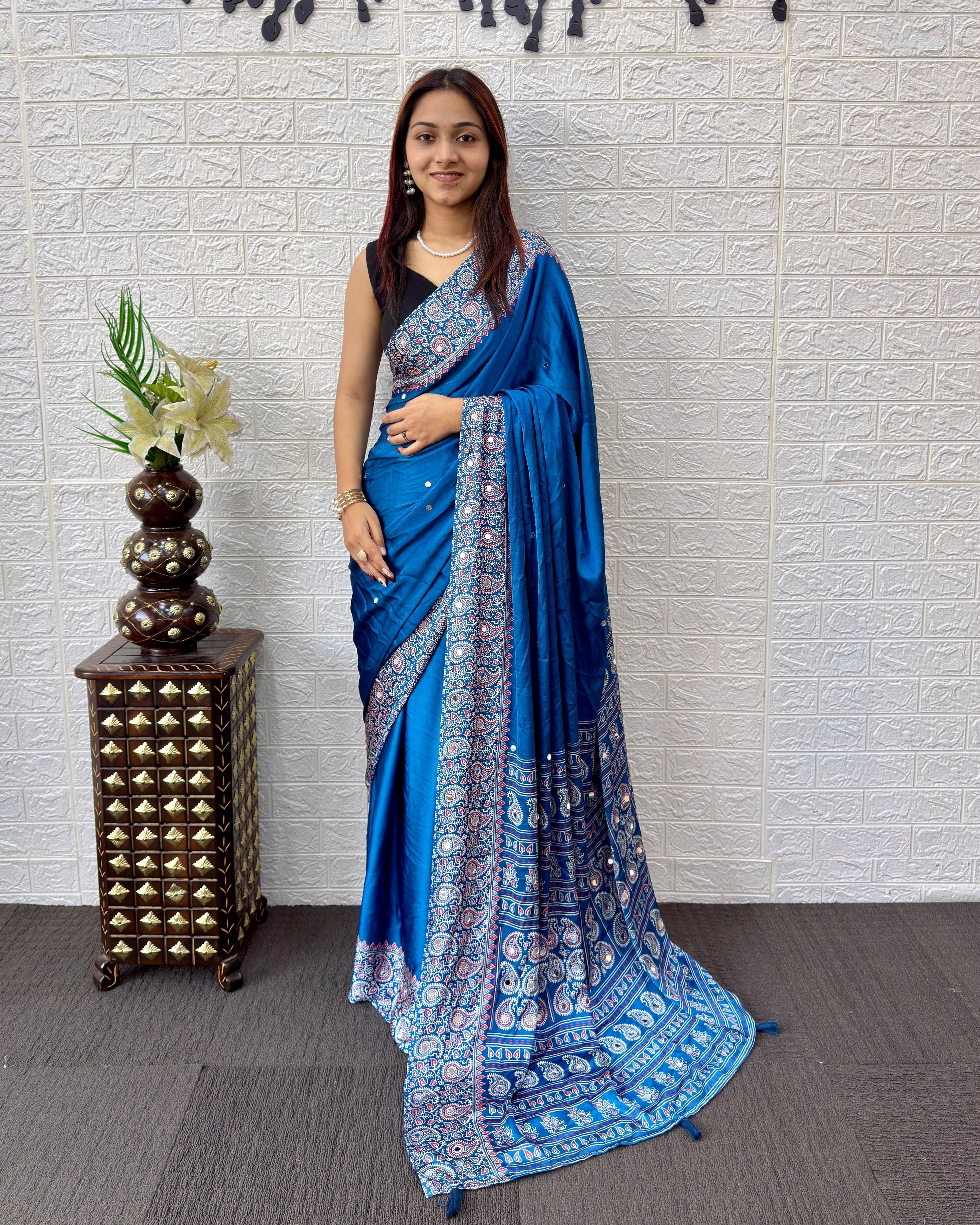 Royal Blue Satin Silk Saree with Kashmiri Paisley Print Pallu & Designer Border | Premium Festive Wear Saree