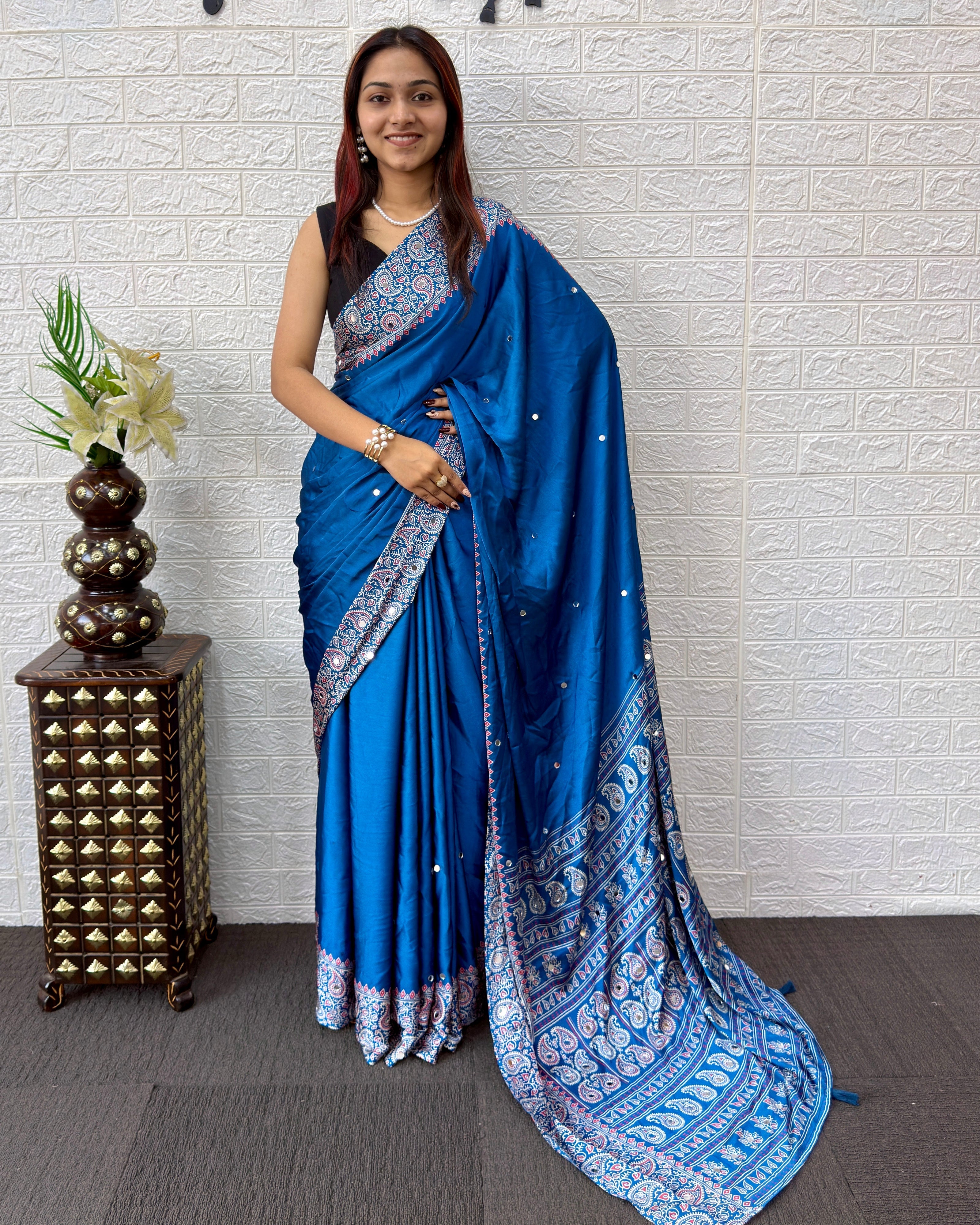 Royal Blue Satin Silk Saree with Kashmiri Paisley Print Pallu & Designer Border | Premium Festive Wear Saree