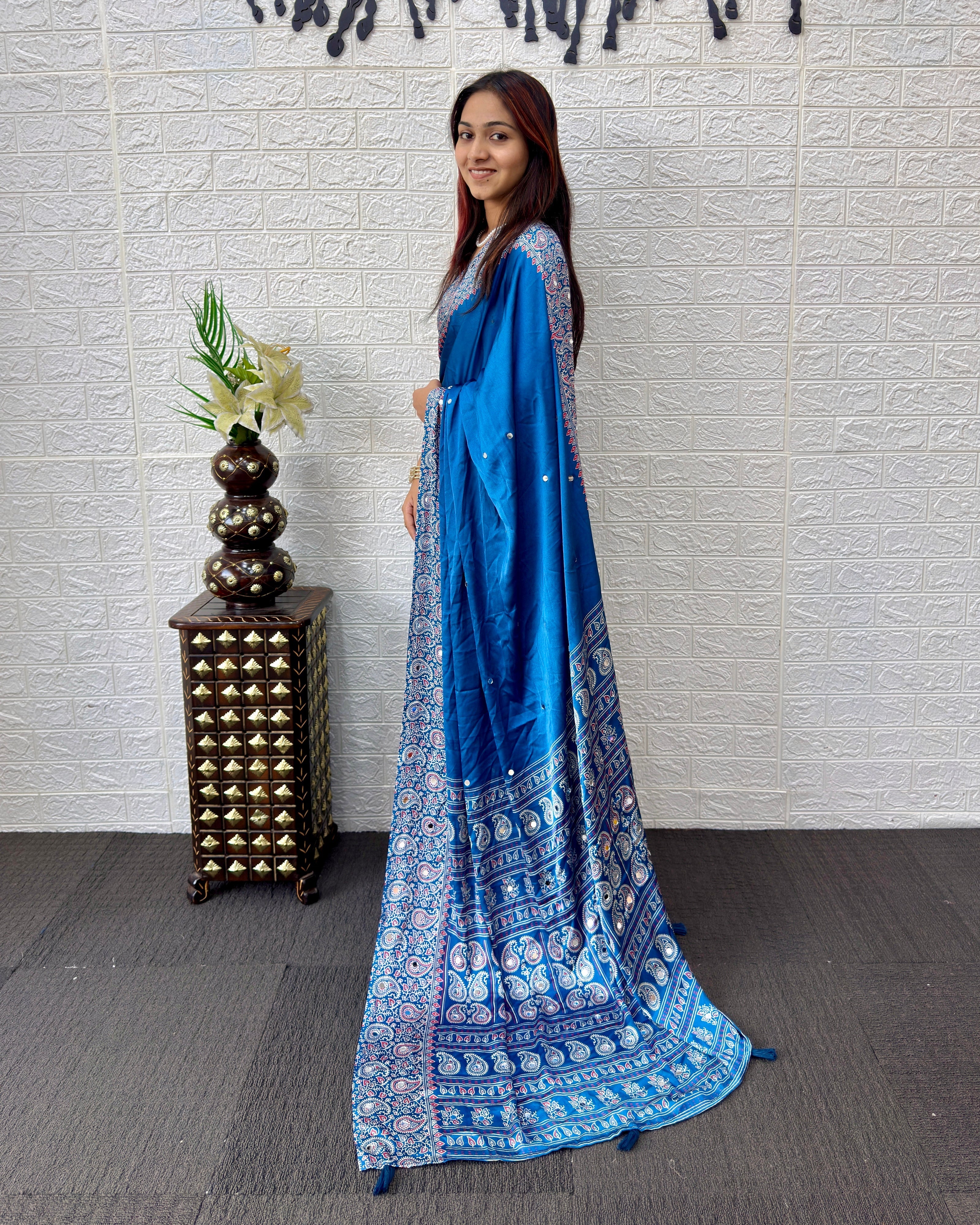 Royal Blue Satin Silk Saree with Kashmiri Paisley Print Pallu & Designer Border | Premium Festive Wear Saree