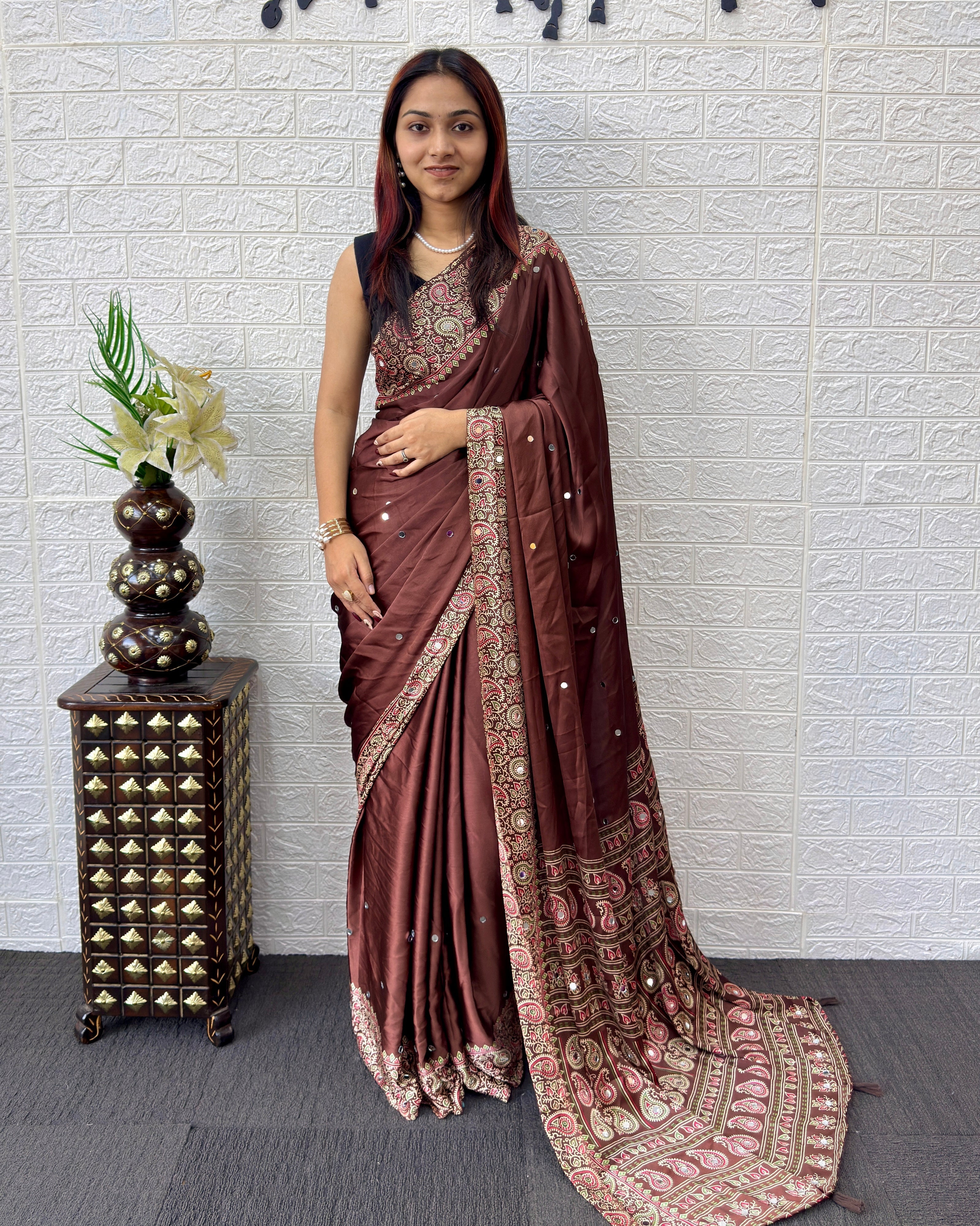 Chocolate Brown Satin Silk Saree with Kashmiri Paisley Print Pallu & Designer Border | Festive, Wedding & Party Wear Saree